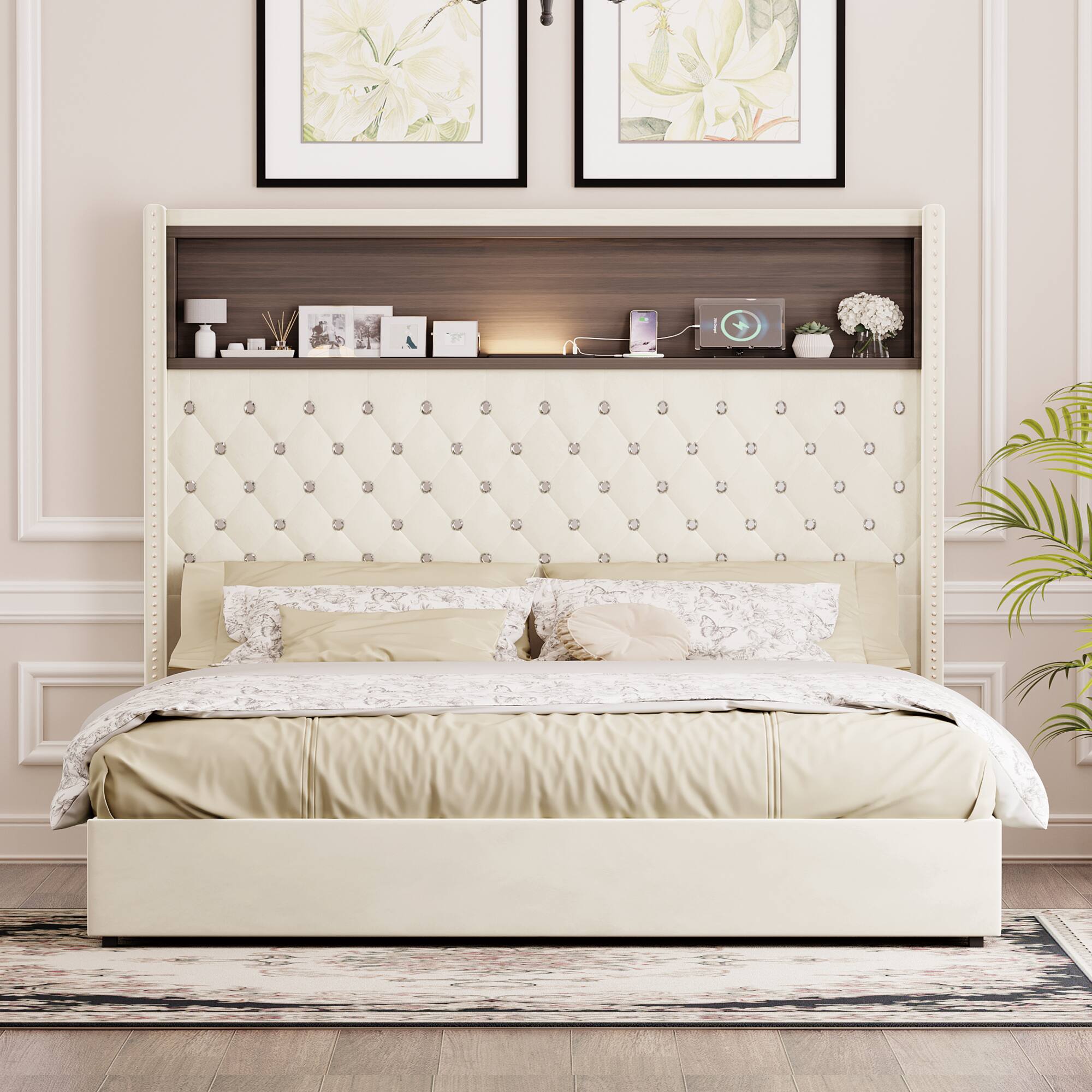 Angle. GOODSILO - Luxurious Queen Size Velvet Tufted Bed Frame with USB Port and Night Light, High Headboard Platform Bed - Beige.