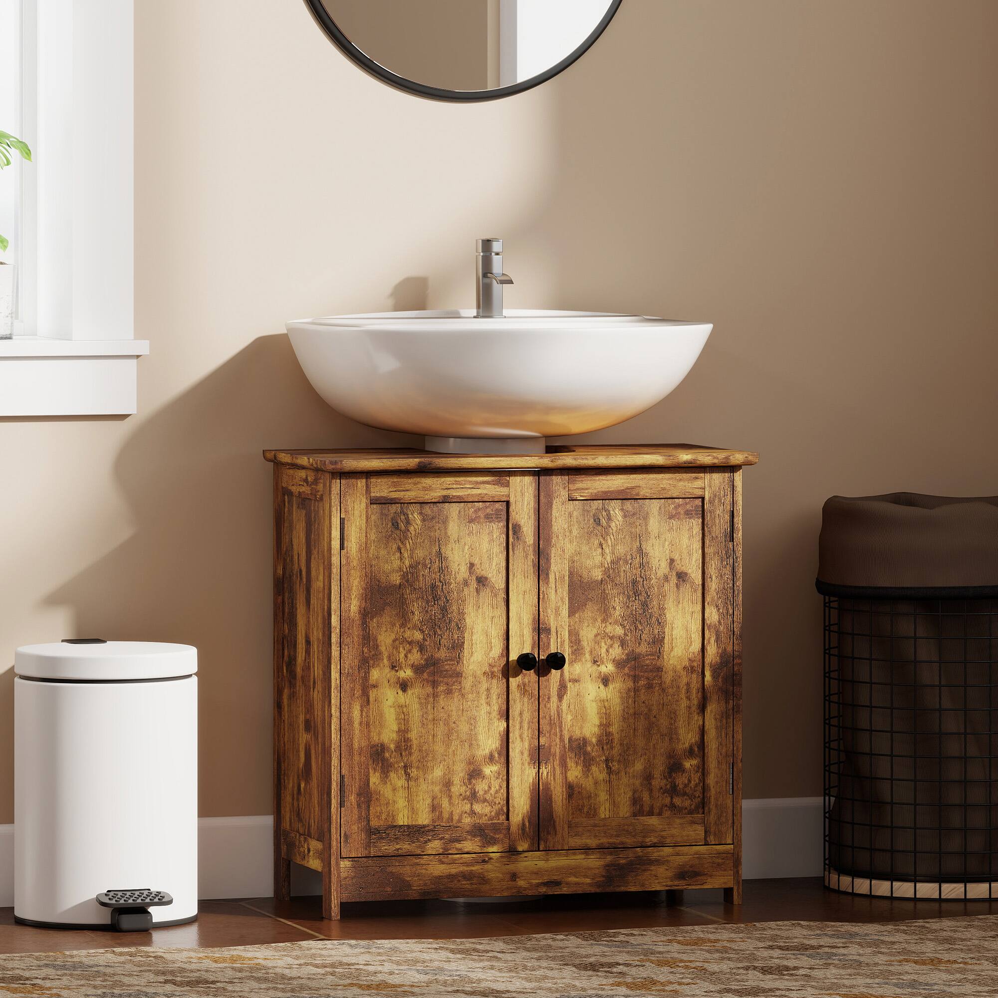 Angle. Homcom - Under Sink Bathroom Cabinet, Pedestal Sink Storage Cabinet with 2 Doors, Shelf and U-Shape - Rustic Brown.