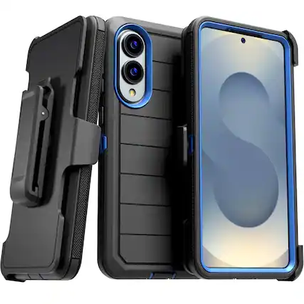 Front. RomeTech - Defender Case for Samsung Galaxy S25 Edge with Belt Clip, Kickstand, Dual-Layer, Black/Blue - Black / Blue.