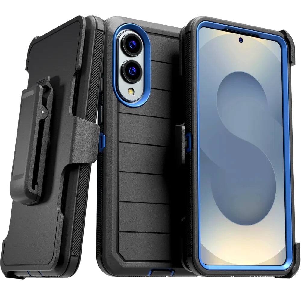 Front. RomeTech - Defender Case for Samsung Galaxy S25 Edge with Belt Clip, Kickstand, Dual-Layer, Black/Blue - Black / Blue.