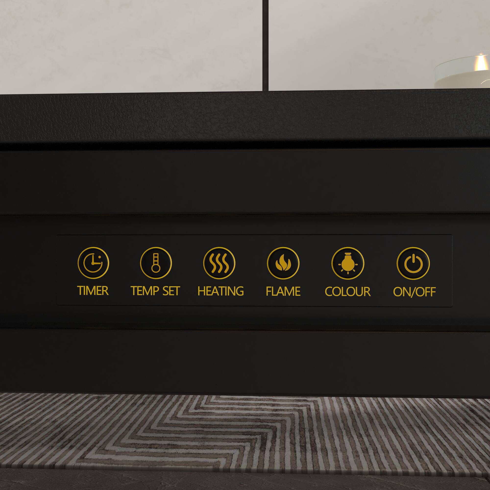 TIMER TEMP SET HEATING FLAME COLOUR ON/OFF