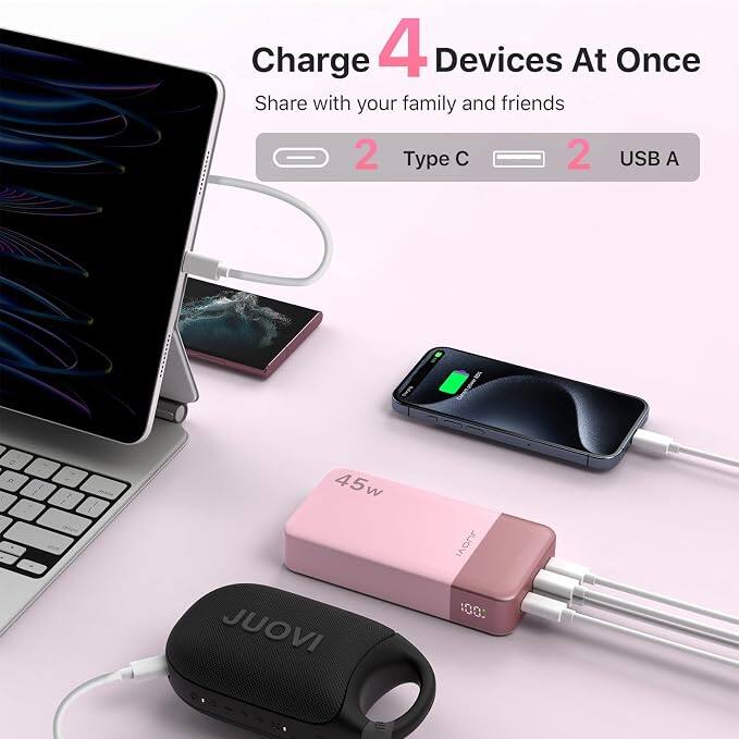 Charge 4 Devices At Once  
Share with your family and friends  
2 Type C  
2 USB A  

208 med  
0 D  
45w JUOVI  
JUOVI :001