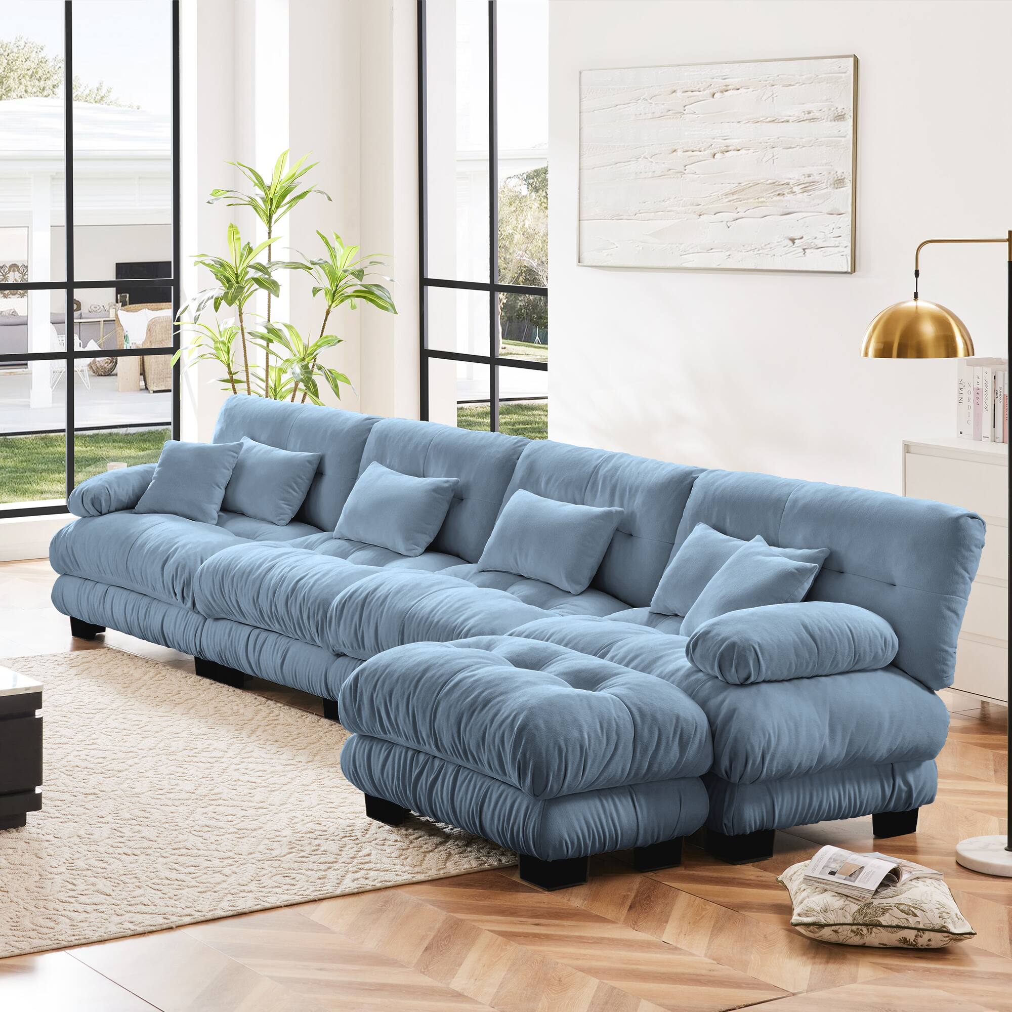 Angle. DOMETOUR - Modular Sectional Sofa,L Shaped Couch for Living Room, 4-Seater Comfy Cloud Couch with Convertible Ottoman - Chenille Blue.