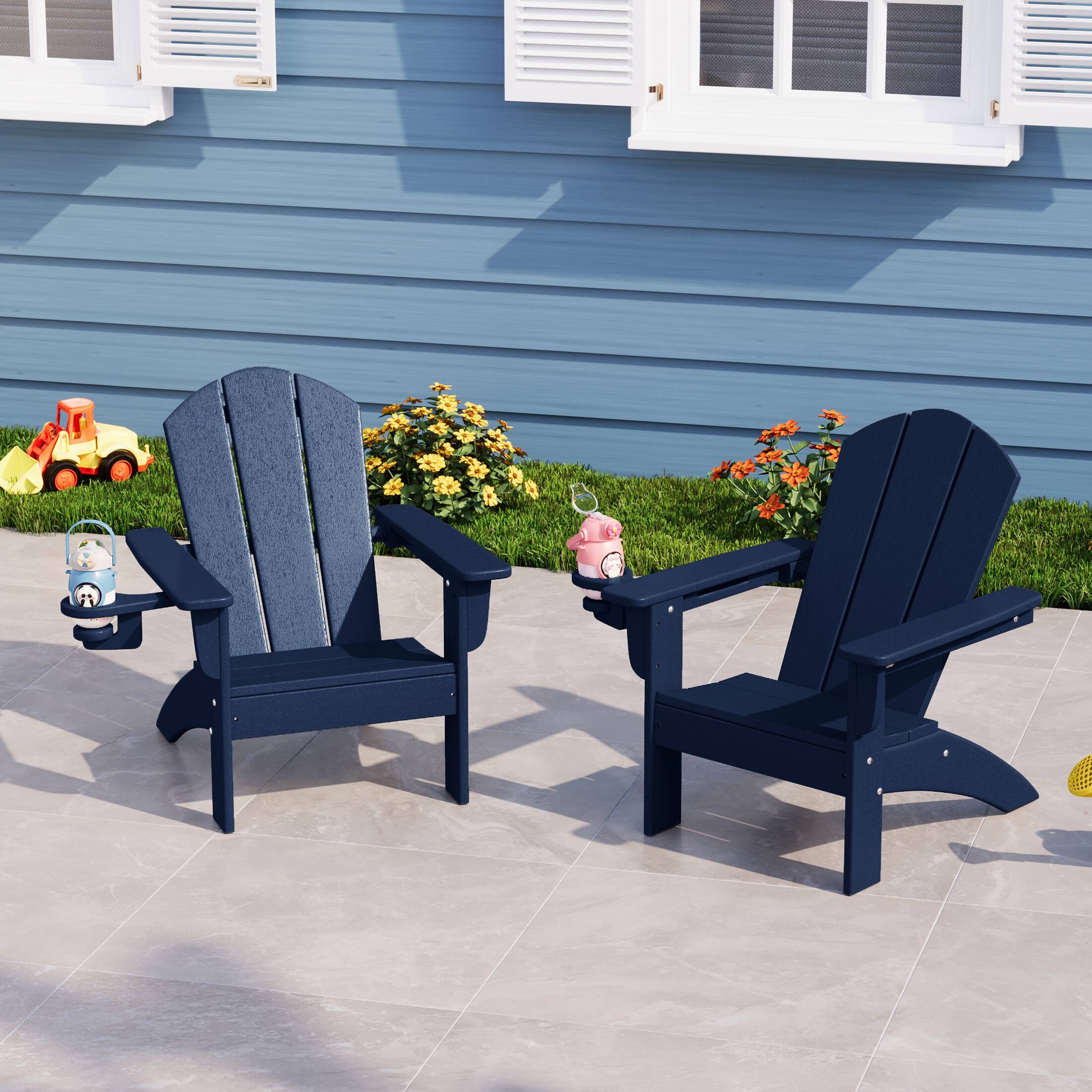 Angle. WestinTrends - WestinTrends Malibu Kids Outdoor HDPE Plastic Adirondack Patio Chairs with Cup Holders (Set of 2) - Navy Blue.