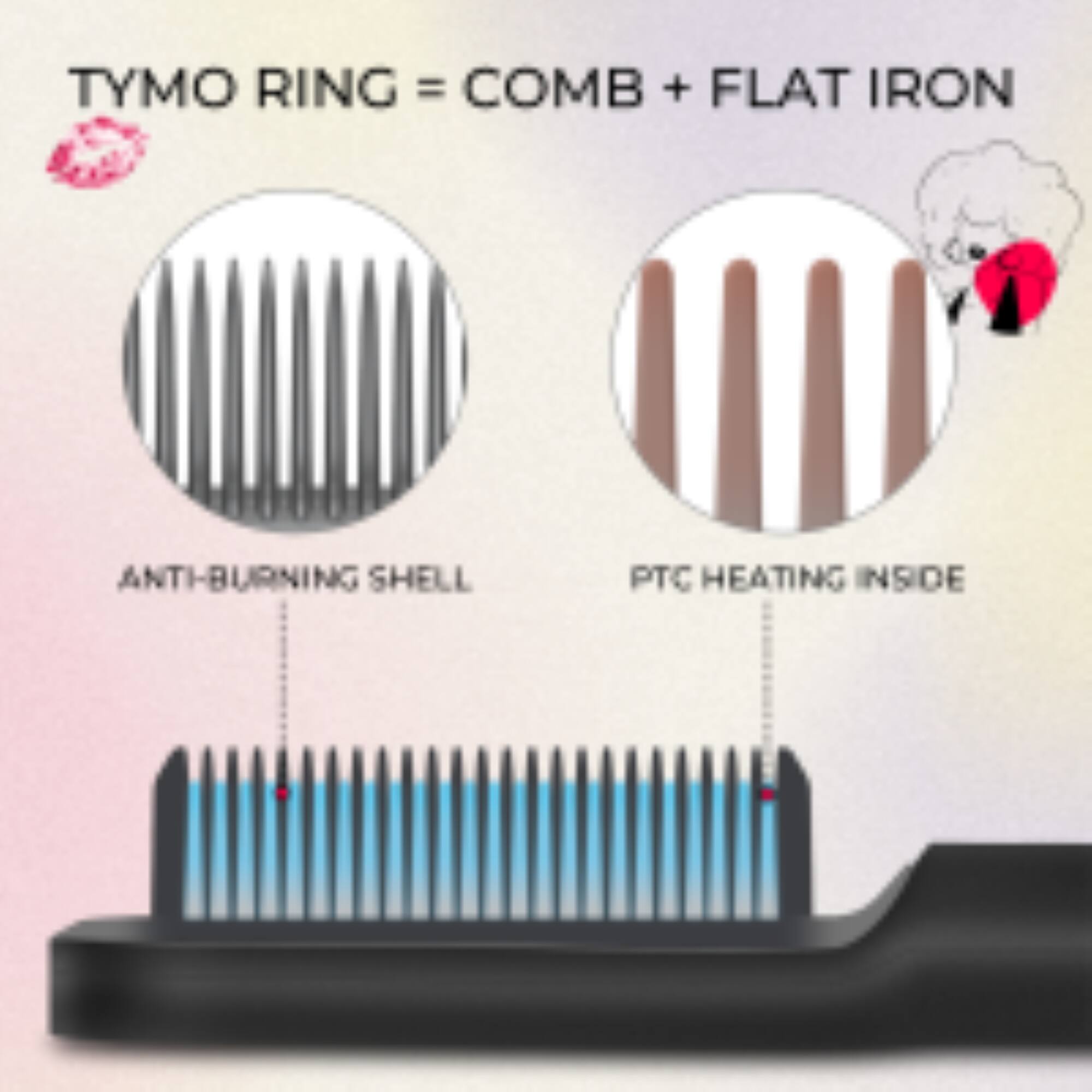 TYMO RING = COMB + FLAT IRON  
ANTI-BURNING SHELL  
PTC HEATING INSIDE