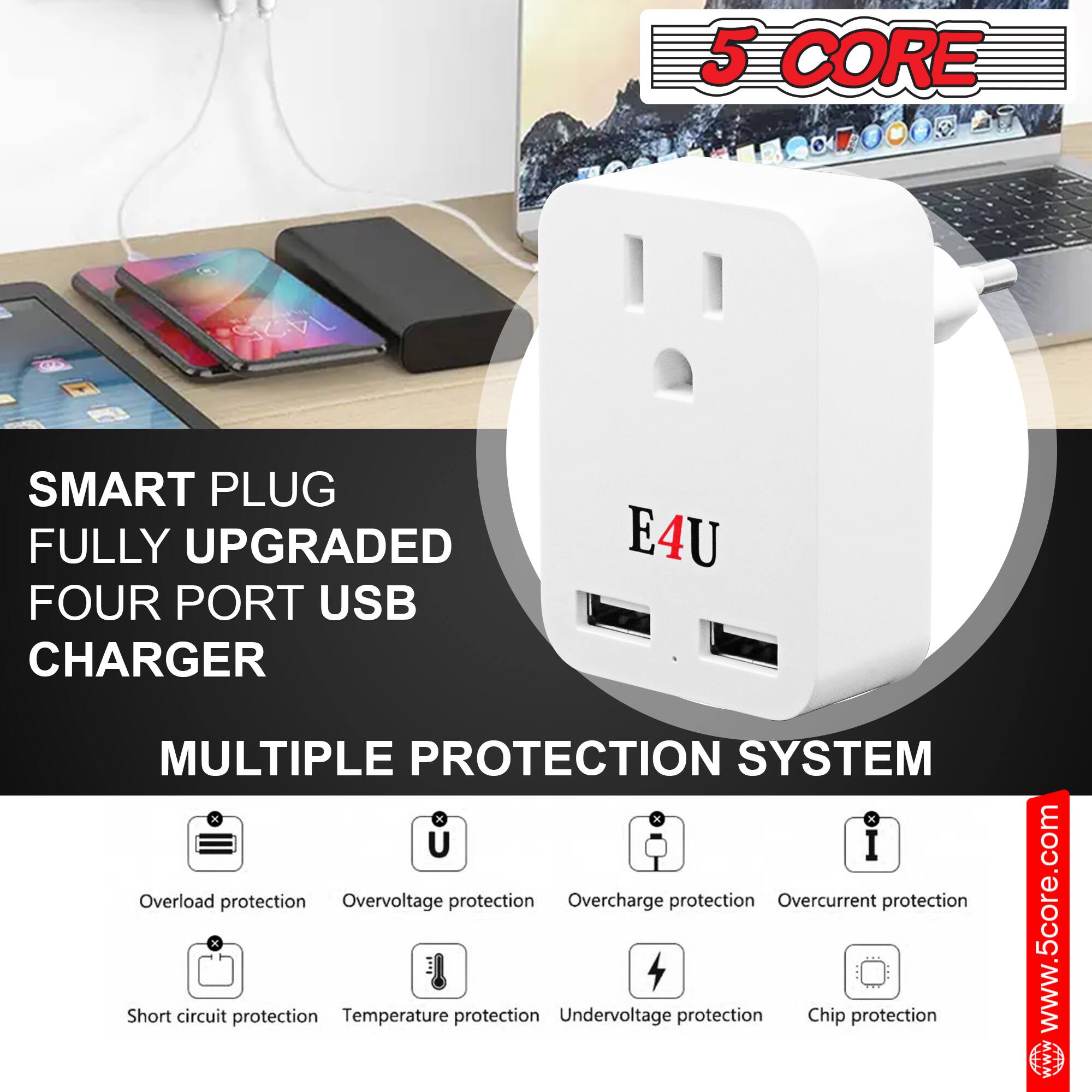 5 CORE SMART PLUG FULLY UPGRADED E4U FOUR PORT USB CHARGER

MULTIPLE PROTECTION SYSTEM

- Overload protection
- Overvoltage protection
- Overcharge protection
- Overcurrent protection
- Short circuit protection
- Temperature protection
- Undervoltage protection
- Chip protection

www.5core.com
