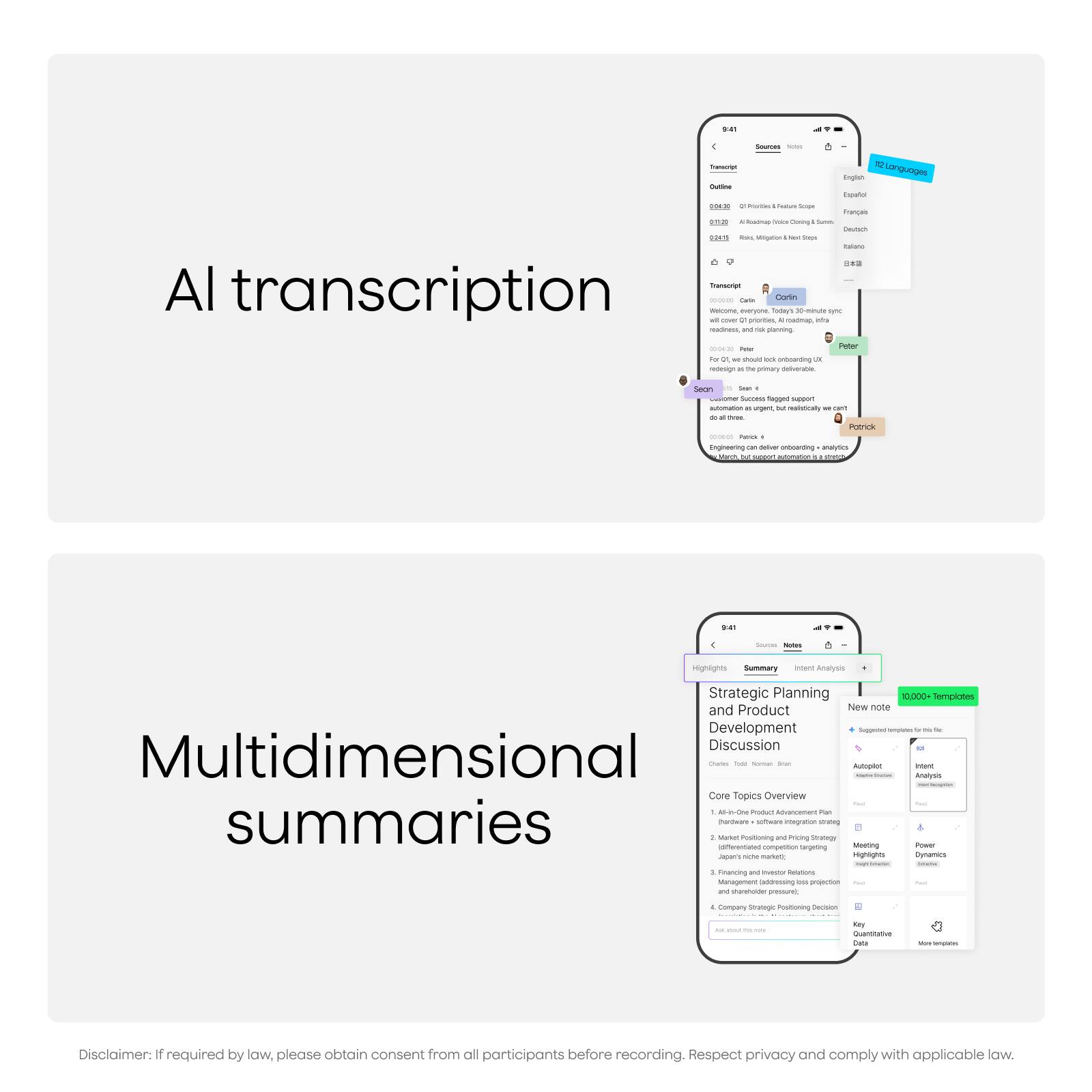 - Languages: English, Español, Français, Deutsch, Italiano, Português, Русский, 中文, 日本語, 한국어, العربية, हिन्दी, Türkçe, ภาษาไทย, Tiếng Việt, Bahasa Indonesia, Polski, Nederlands, Suomi, Svenska, Dansk, Norsk, Magyar, Română, Slovenčina, Slovenščina, Ελληνικά, Български, Српски, Hrvatski, Čeština, Magyar, العربية, हिन्दी, Türkçe, ภาษาไทย, Tiếng Việt, Bahasa Indonesia, Polski, Nederlands, Suomi, Svenska, Dansk, Norsk, Magyar, Română, Slovenčina, Slovenščina, Ελληνικά, Български, Српски, Hrvatski, Čeština

- AI transcription

- Multidimensional summaries

- Strategic Planning and Product Development Discussion

- Core Topics Overview

- AI-One Product Advancement Plan

- Highlights

- Summary

- Intent Analysis