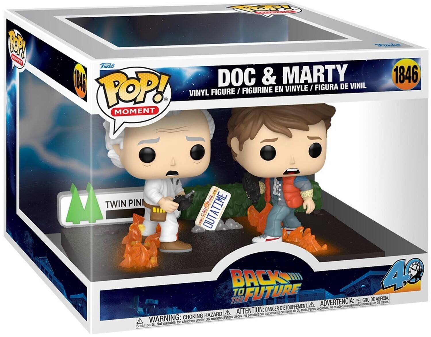 DOC & MARTY  
VINYL FIGURE / FIGURINE EN VINYLE / FIGURA DE VINIL  
1846  

POP! MOVIE  
MOMENT  

TWIN PIN  
OUTATIME  

BACK TO THE FUTURE  
40th ANNIVERSARY  

WARNING: CHOKING HAZARD - Small parts. Not suitable for children under 36 months.  
ATTENTION: DANGER - ÉTINCELET. Ne convient pas aux enfants de moins de 36 mois.  
ADVERTENCIA: PELIGRO DE ASFIXIA. No es adecuado para niños menores de 36 meses.