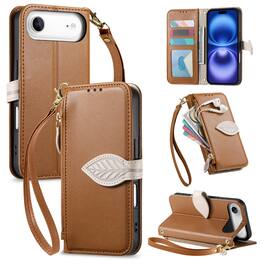 Dteck - for Apple iPhone Air Wallet Case,PU Leather Flip Zipper Card Slot Leaf-Buckle Shockproof Cover with Wrist Strap - Brown
