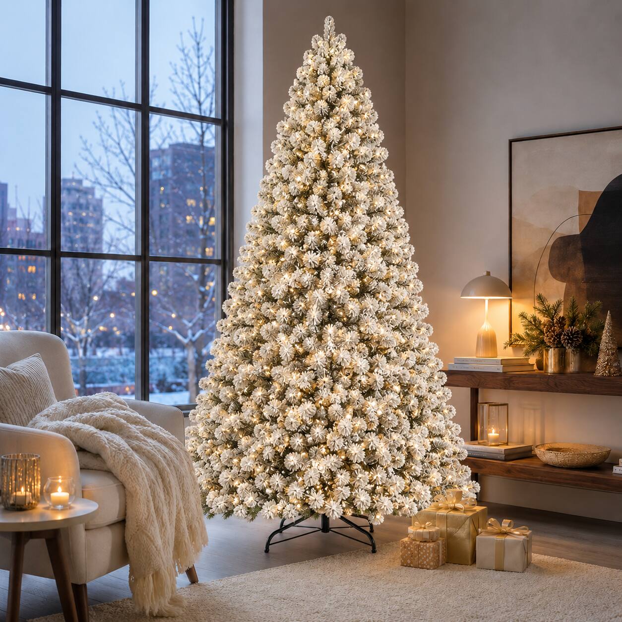 Angle. Anysun - 8ft Flocked Snowy Pre-Lit Christmas Tree with 500 UL Warm White Lights, 1460 PVC Tips, Auto-Unfold Memory Wire - Green,White.