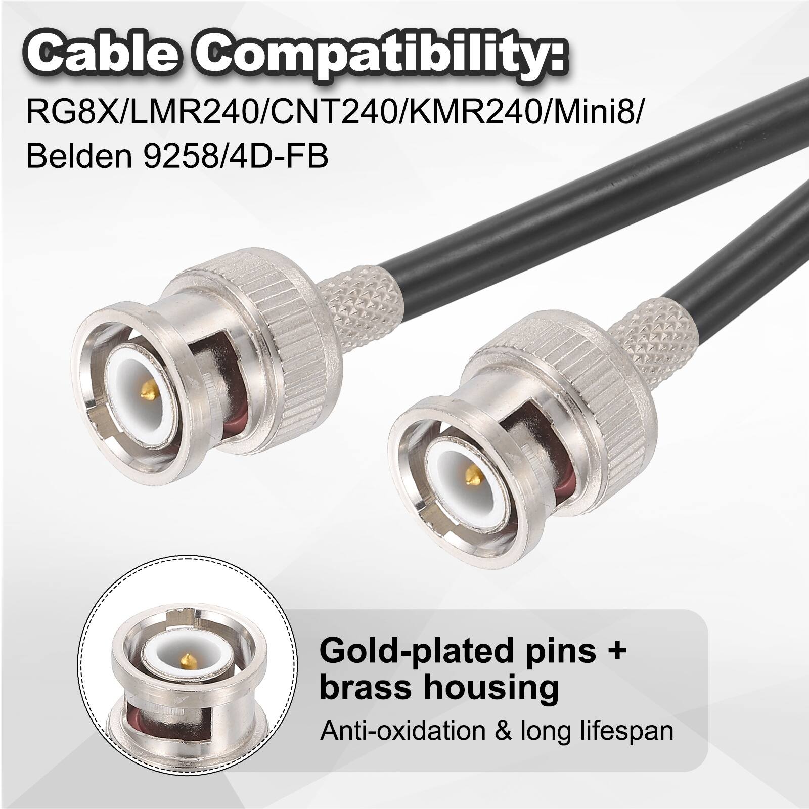 Cable Compatibility:  
RG8X/LMR240/CNT240/KMR240/Mini8/Belden 9258/4D-FB  

Gold-plated pins + brass housing  
Anti-oxidation & long lifespan