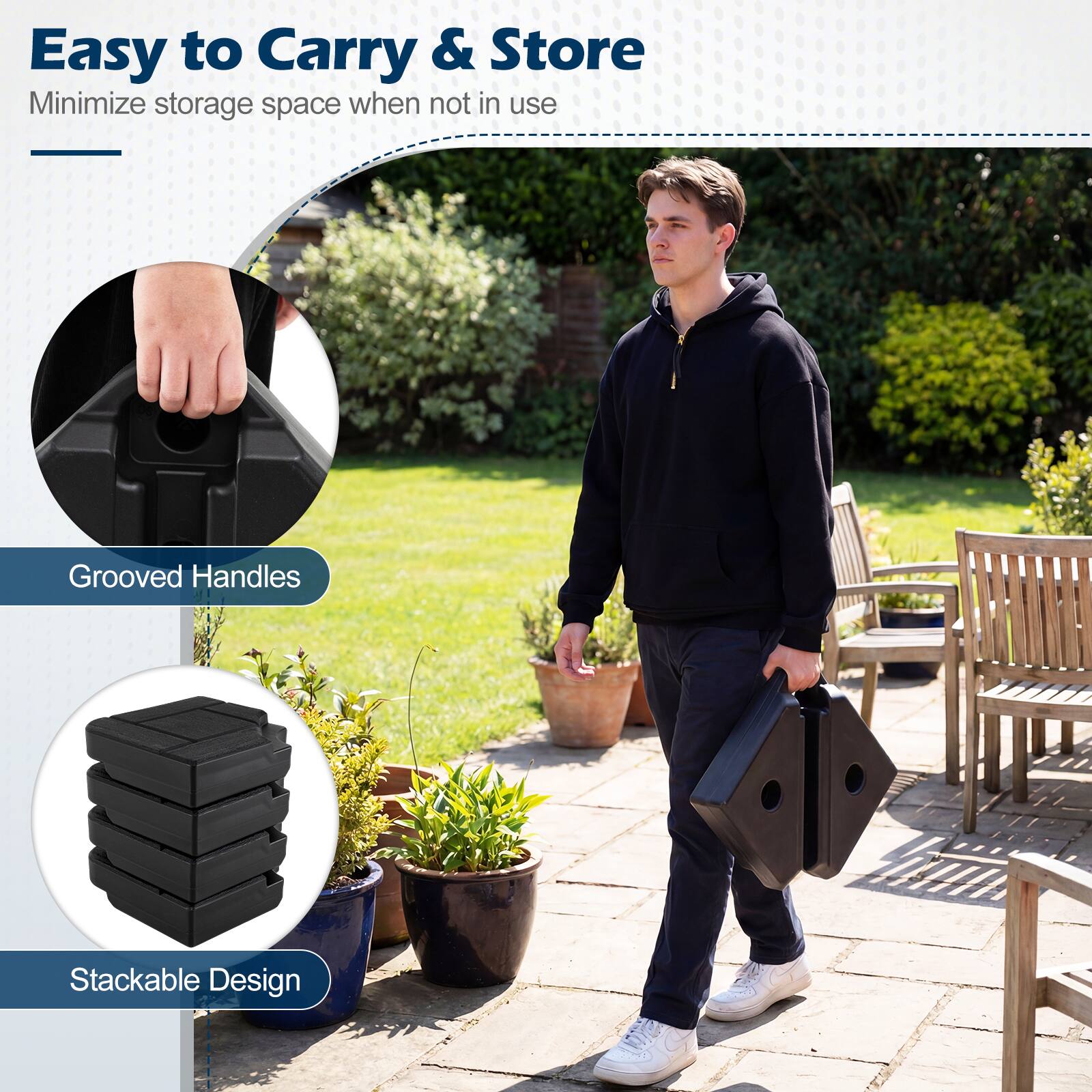 Easy to Carry & Store  
Minimize storage space when not in use  

Grooved Handles  
Stackable Design