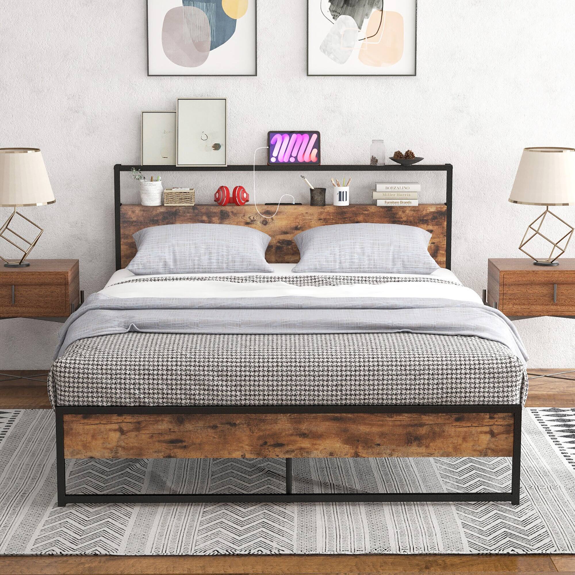 Gymax - Queen Size Industrial Platform Bed Frame with Charging Station Storage Headboard - Rustic Brown