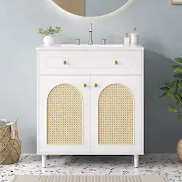 Loheer - 30 inch bathroom vanity with sink Rattan Solid Wood Cabinet - White