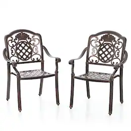 Pefilos - Patio Cast Aluminum Dining Chairs Set of 2, Dining Chairs with Ergonomic Backrests and Armrests - Brown