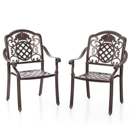 Front. Pefilos - Patio Cast Aluminum Dining Chairs Set of 2, Dining Chairs with Ergonomic Backrests and Armrests - Brown.