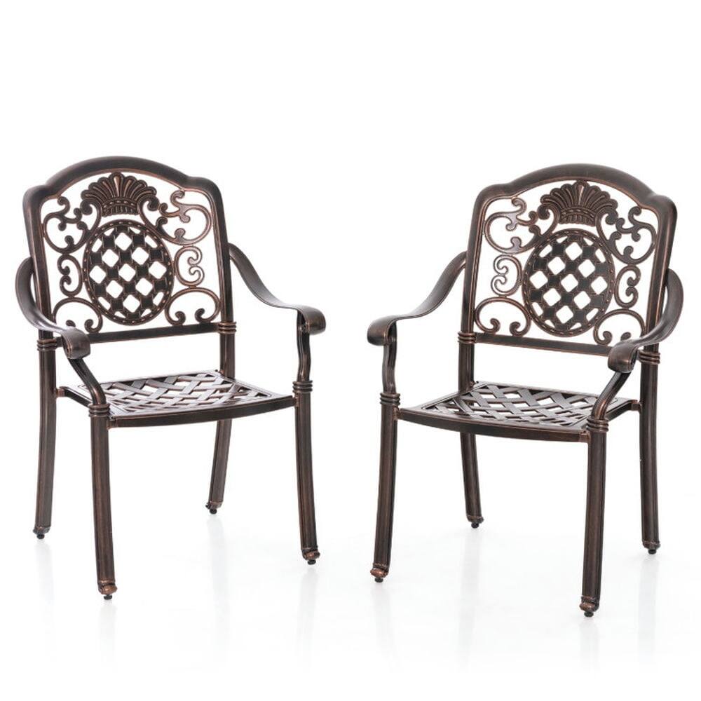 Front. Pefilos - Patio Cast Aluminum Dining Chairs Set of 2, Dining Chairs with Ergonomic Backrests and Armrests - Brown.