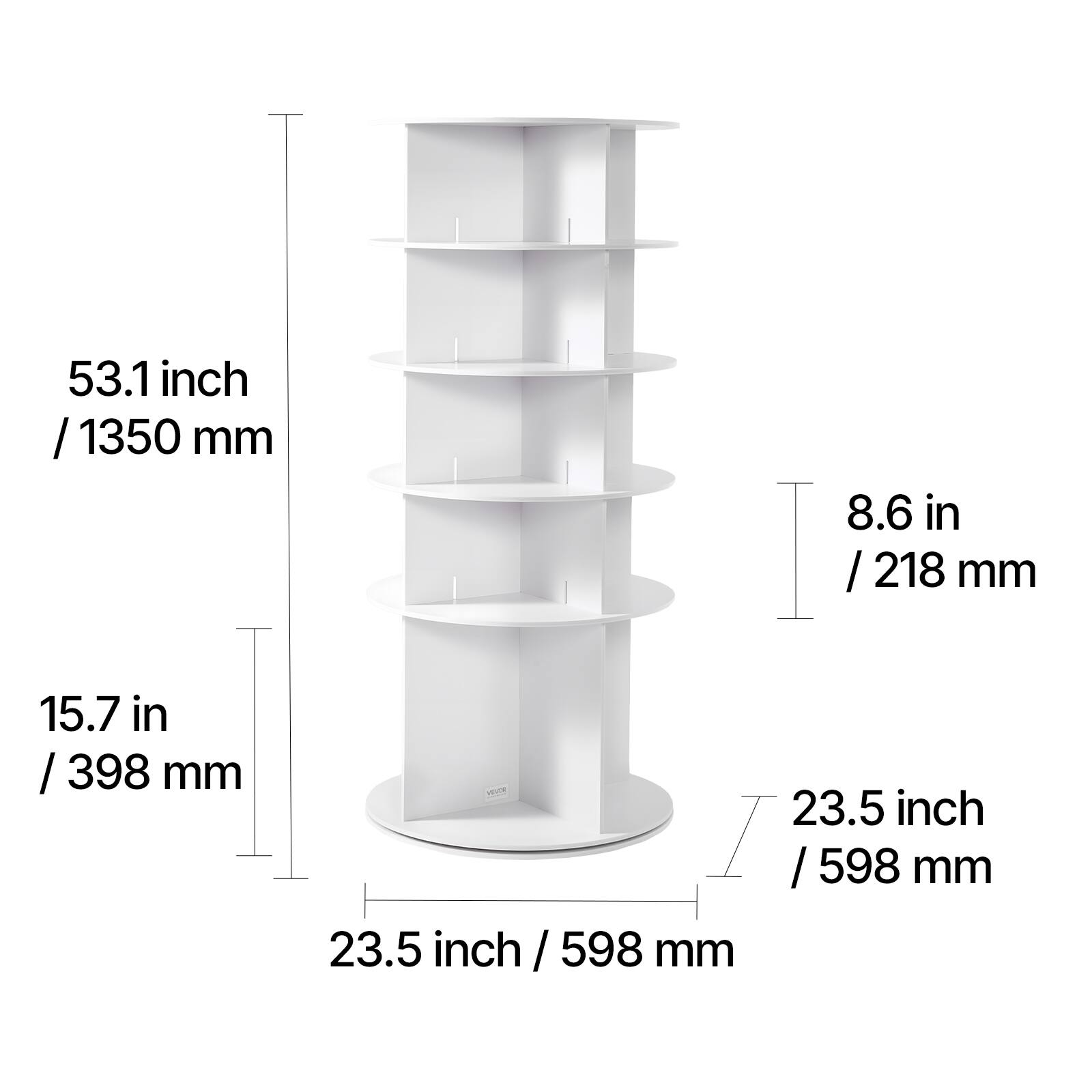 53.1 inch / 1350 mm  
15.7 in / 398 mm  
8.6 in / 218 mm  
23.5 inch / 598 mm