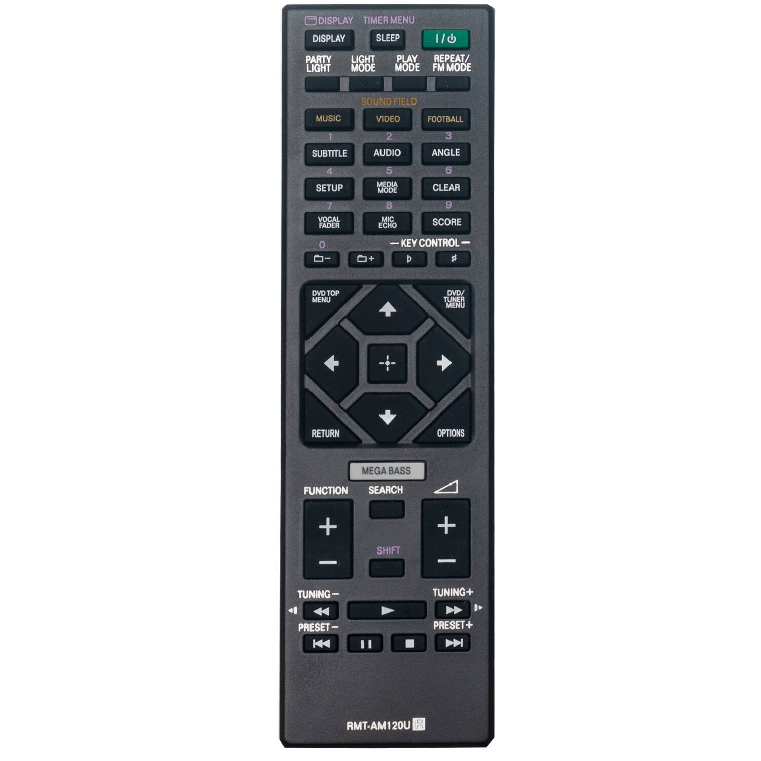 - DISPLAY TIMER MENU
- DISPLAY SLEEP 1/0
- PARTY LIGHT
- LIGHT MODE
- PLAY REPEAT/ MODE
- FM MODE
- SOUND FIELD
- MUSIC VIDEO FOOTBALL
- 1 2 3
- SUBTITLE AUDIO ANGLE
- 4 SETUP 5
- MEDIA MODE 6
- CLEAR B
- VOCAL FADER MIC ECHO SCORE
- 0 + KEY CONTROL b g
- DVD TOP MENU
- DVD/ TUNER
- MINU
- RETURN
- OPTIONS
- MEGA BASS
- FUNCTION SEARCH
- SHIFT
- TUNING TUNING PRESET PRESET D
- RMT-AM120U