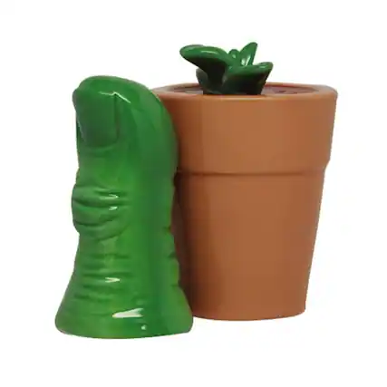Front. Pacific Trading - Green Thumb Gardening Ceramic Magnetic Salt and Pepper Shaker Set - Multicolor.