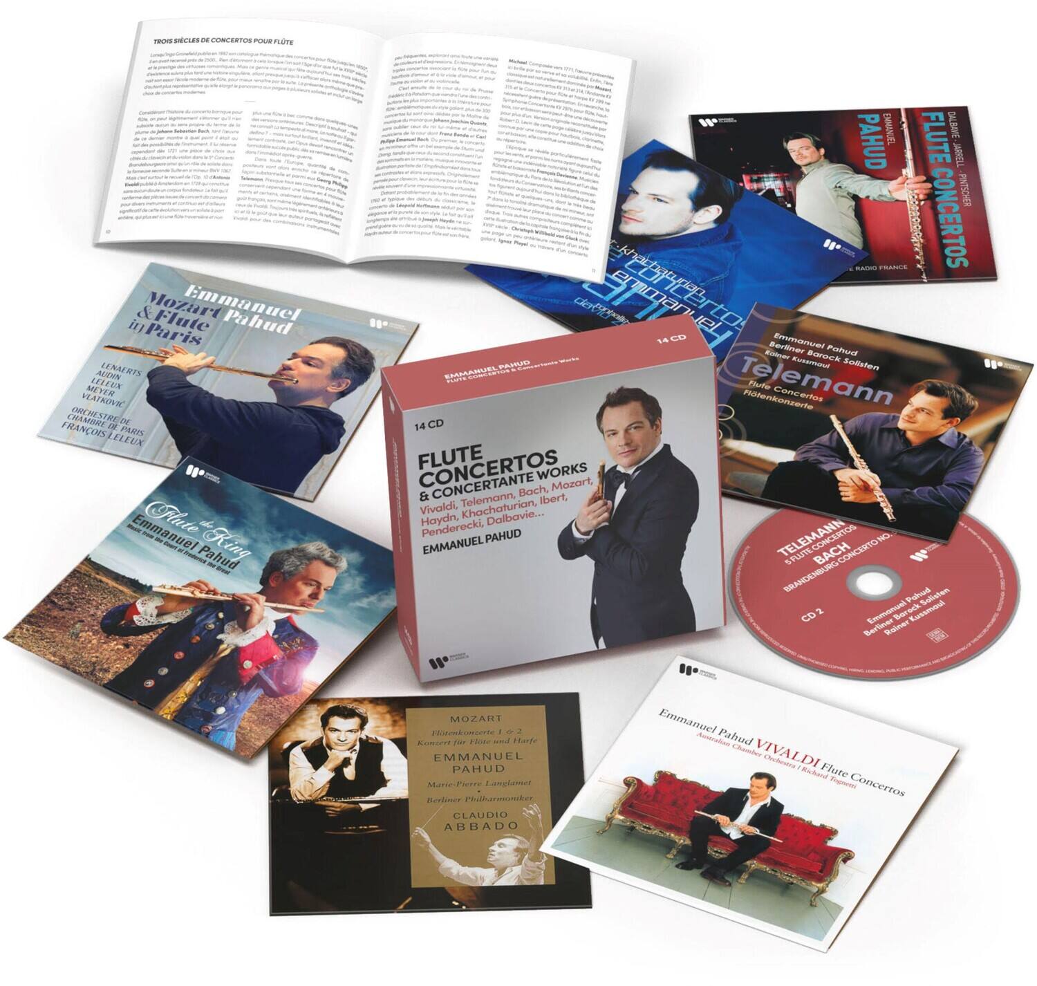 **Emmanuel Pahud - Concertos pour Flute & Flute Mozart**

- Emmanuel Pahud
- Orchestre de Paris
- Mit Ioan-Sorin Iordache
- Orchestre de Chambre de François Lellouche

**Emmanuel Pahud - Flute Concertos**

- Emmanuel Pahud
- Telemann, Ibert, Vivaldi, Khachaturian, Haydn, Dalbavie, Pendericki
- 14 CD

**Emmanuel Pahud - Telemann Flute Concertos**

- Emmanuel Pahud
- Telemann
- Berliner Rundfunk Sinfonieorchester

**Emmanuel Pahud - Vivaldi Flute Concertos**

- Emmanuel Pahud
- Vivaldi
- Orchestre des Champs-Élysées

**Emmanuel Pahud - Mozart Flute Concertos**

- Emmanuel Pahud
- Mozart
- Concerto No. 1 in G Major, K. 313
- Concerto No. 2 in D Major, K. 314
- Concerto No. 3 in G Major,