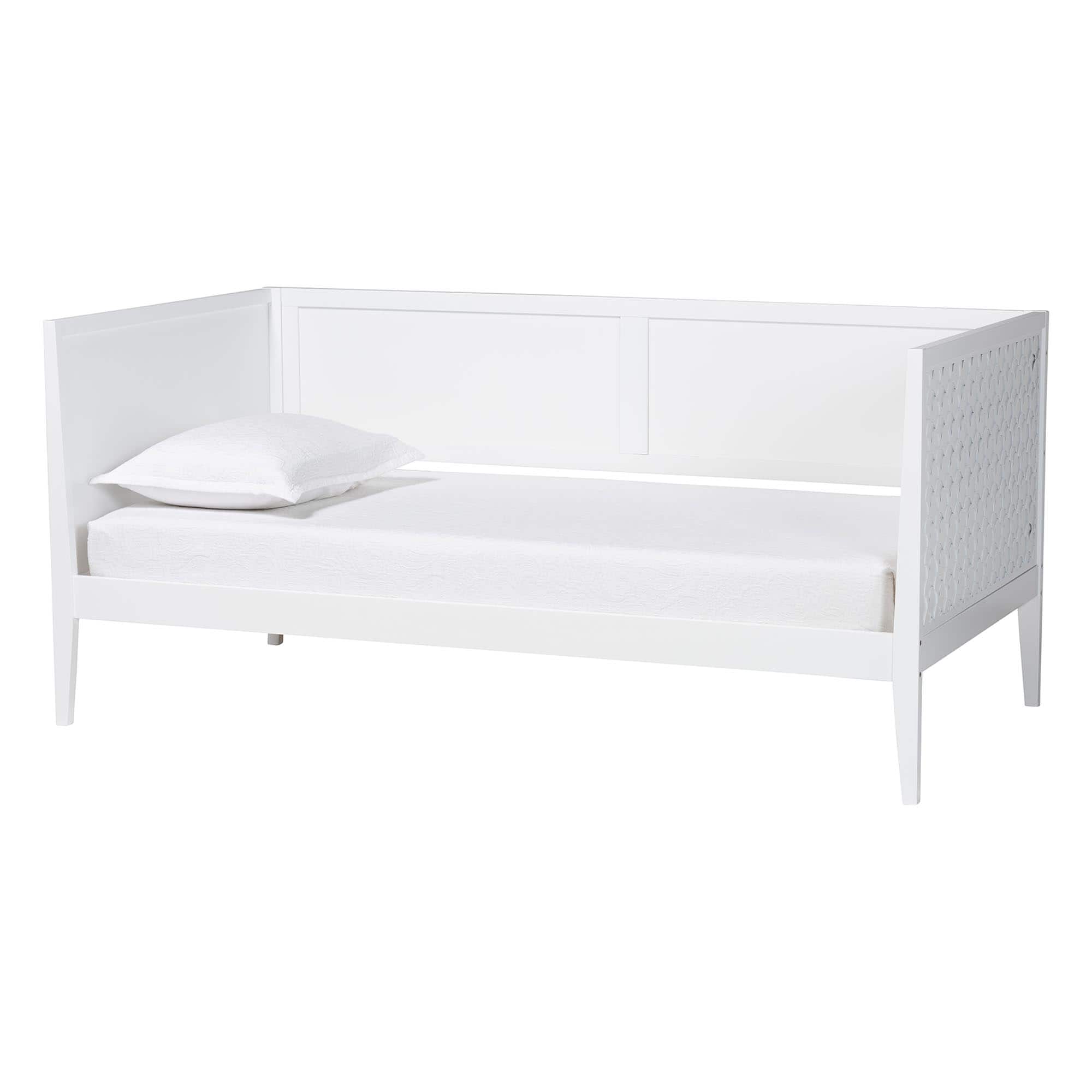 Baxton Studio - Lara Twin Daybed - Modern Wood Bed Frame with Wraparound Laser-Cut Decorative Headboard Overlay - White