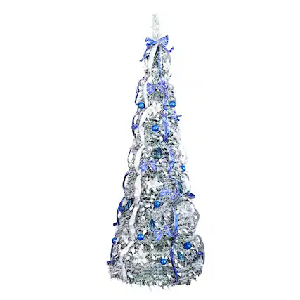 Front. VAVSEA - 7 ft Snow Flocked Pre-Lit Pop Up Christmas Tree with 200 Warm Lights & Blue Silver Ornaments for Holiday Decor - Green.