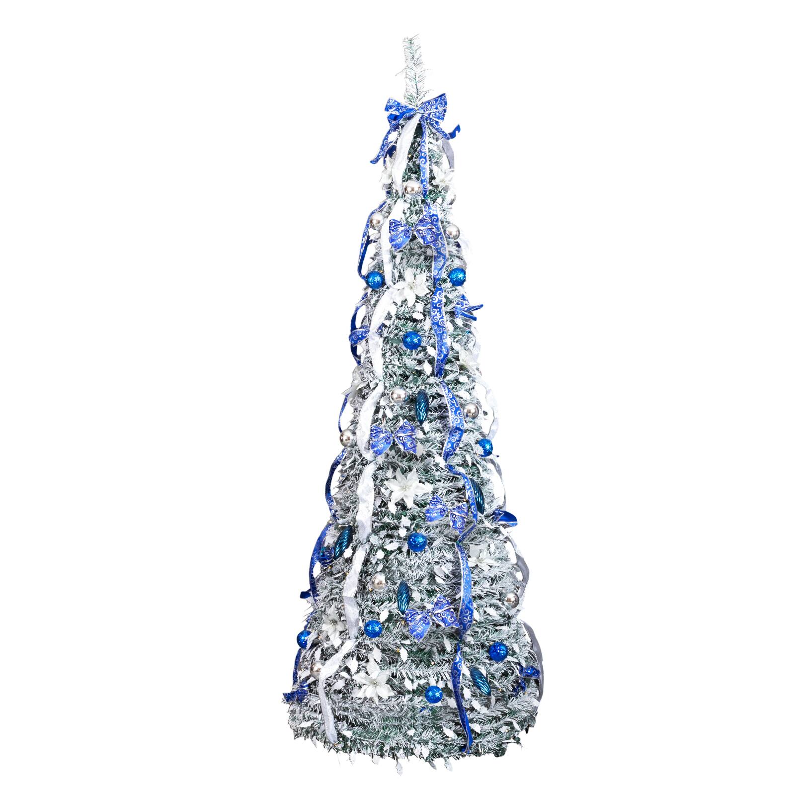 Front. VAVSEA - 7 ft Snow Flocked Pre-Lit Pop Up Christmas Tree with 200 Warm Lights & Blue Silver Ornaments for Holiday Decor - Green.