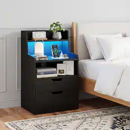 WELLFOR - LED Nightstand with Charging Station for Bedroom & Living Room - Black