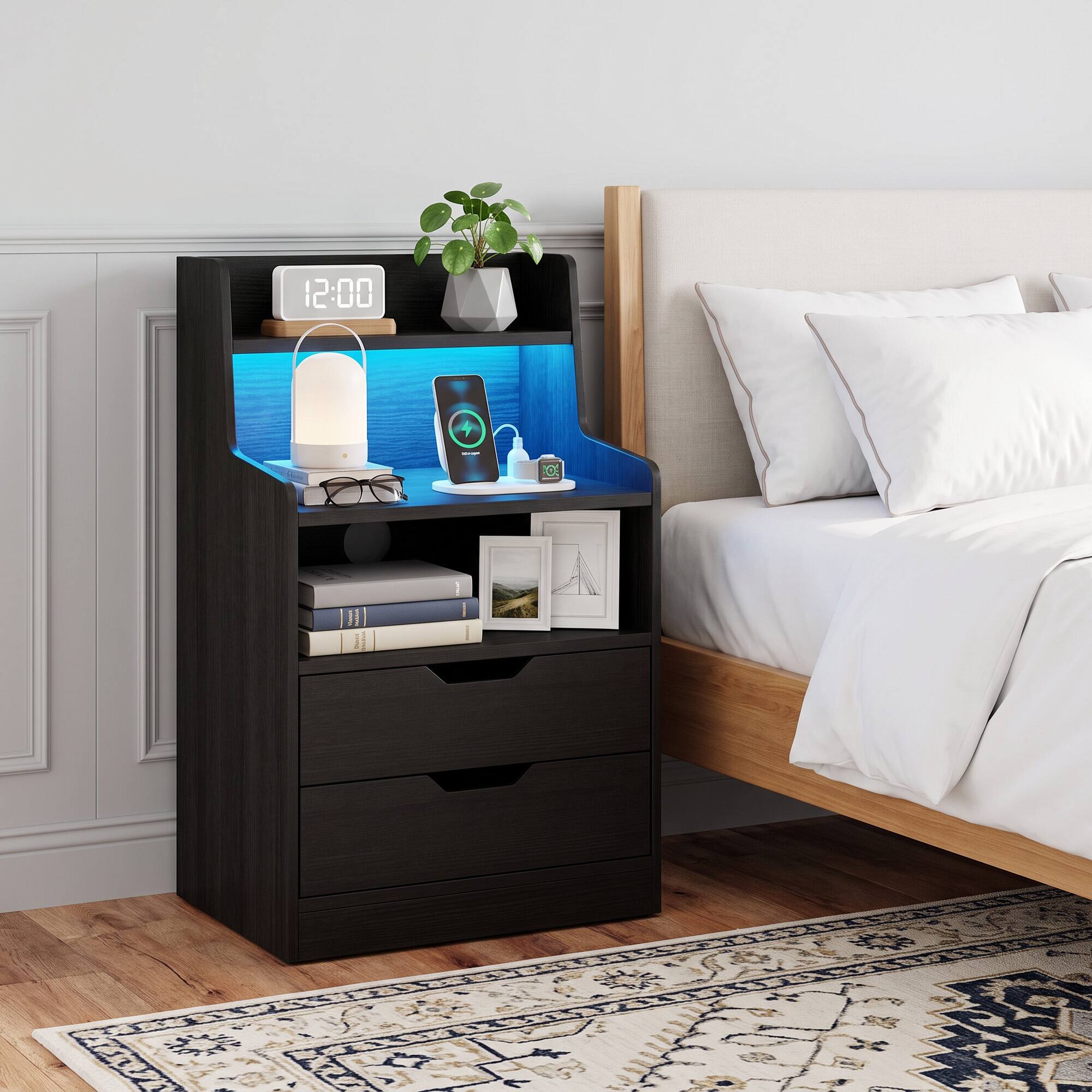 Front. WELLFOR - LED Nightstand with Charging Station for Bedroom & Living Room - Black.