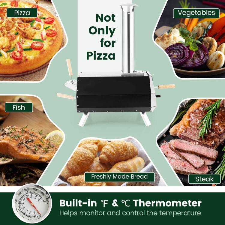 Pizza Not Only for Pizza  
Vegetables  
Fish  
Freshly Made Bread  
Steak  

700 800 600 006 g 208 uN 0e 200 590 L 1000 258  

Built-in F & C Thermometer  
Helps monitor and control the temperature