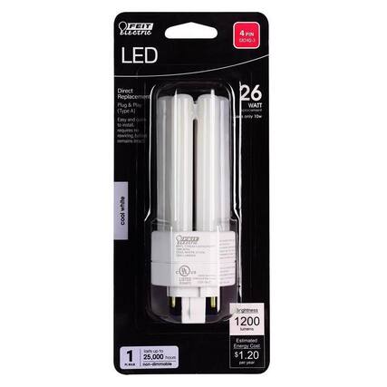 FEIT Electric LED
4 PIN GX24q-3
Direct Replacement Plug & Play (Type A)
Easy and quick to install, requires no rewiring, ballast remains intact
26 WATT placement uses only 10w
cool white
21/22212 COOLWHITE-4YD0K S2GLUMENS
LISTED 8330072
Brightness 1200 lumens
Lasts up to 25,000 hours
PL BULB non-dimmable
Estimated Energy Cost $1.20 per year