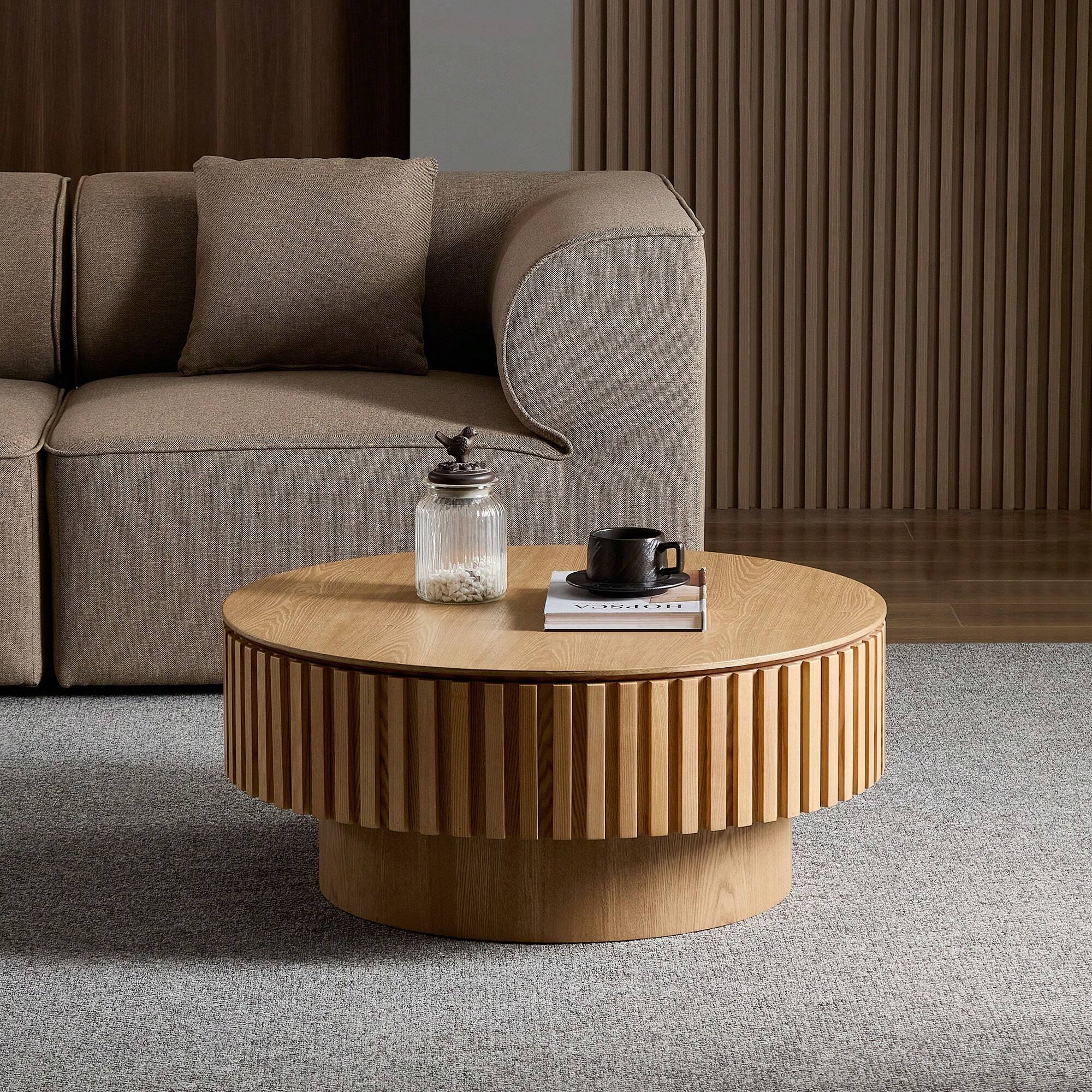 Alt View 1. Trinkets Crazed - Round Coffee Table With Storage, Solid Wood Center Table Large Circle Wooden Accent Table - Natural.