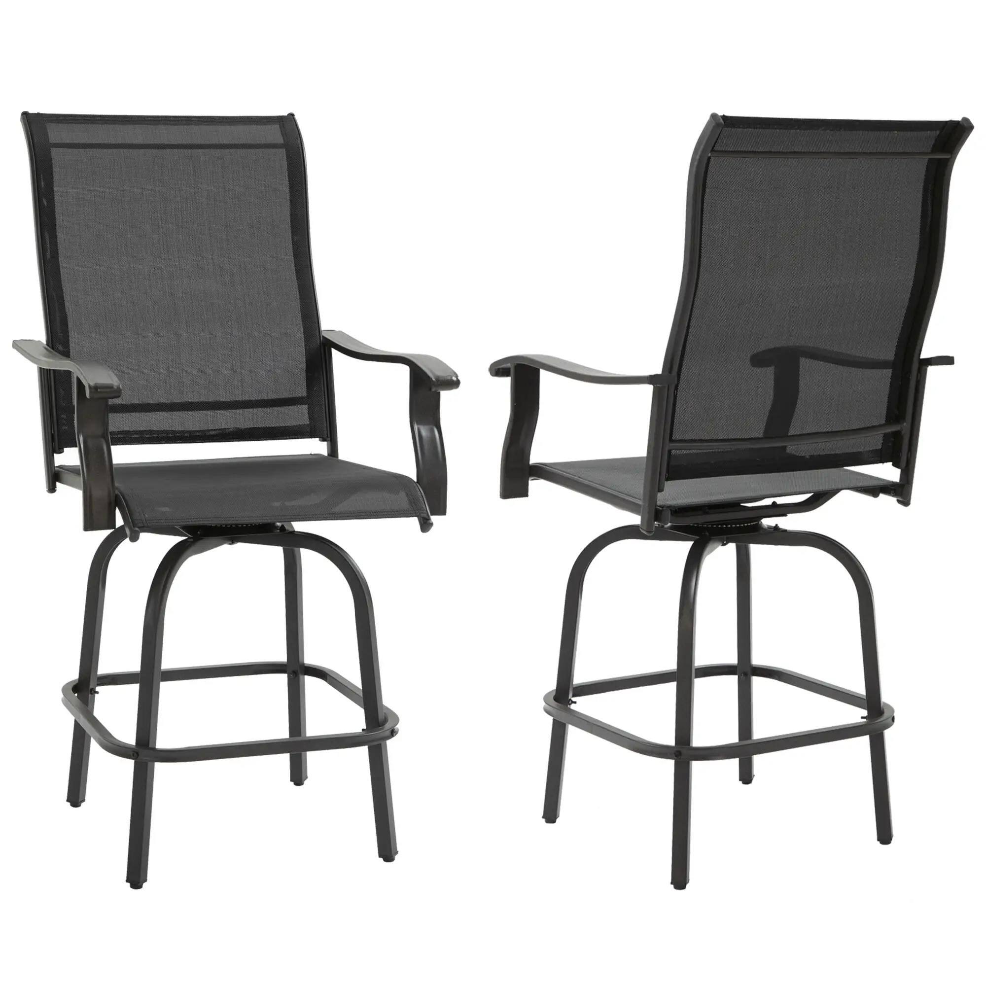 Angle. Resenkos - Resenkos 2 Outdoor Swivel Bar Stools Set, Armrests, Bar Height Patio Chairs, Steel, Sling Fabric, Black - Black.