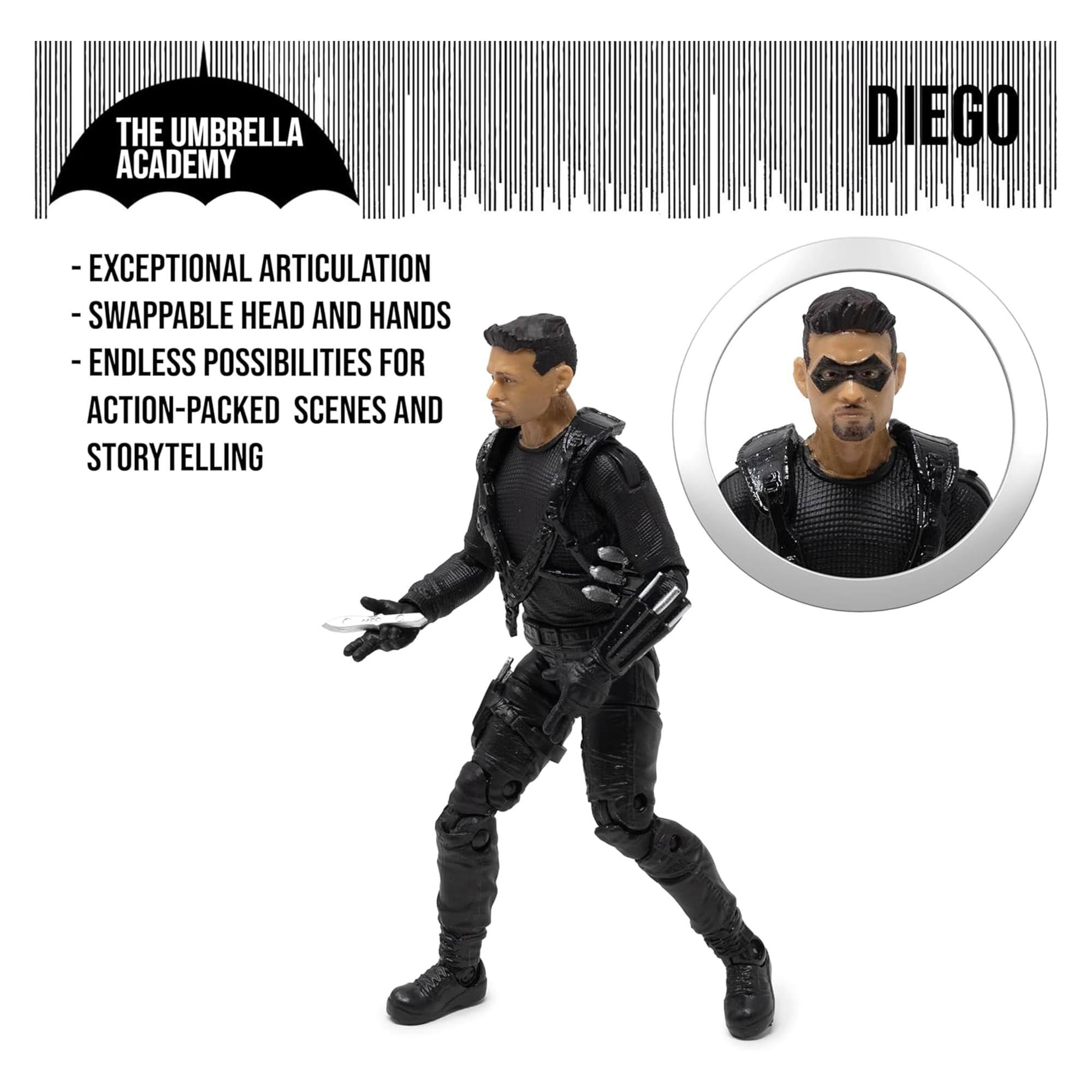THE UMBRELLA ACADEMY  
DIEGO  
- EXCEPTIONAL ARTICULATION  
- SWAPPABLE HEAD AND HANDS  
- ENDLESS POSSIBILITIES FOR ACTION-PACKED SCENES AND STORYTELLING