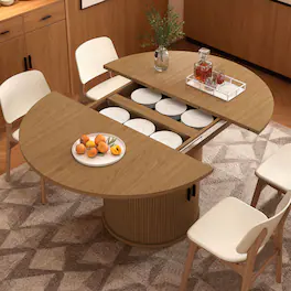 Dyonery - 63'' Extendable Round Kitchen Dining Room Table with 2-Tier Storage Shelf, with Pedestal Base,Wood Oval Dinner Furniture - Walnut