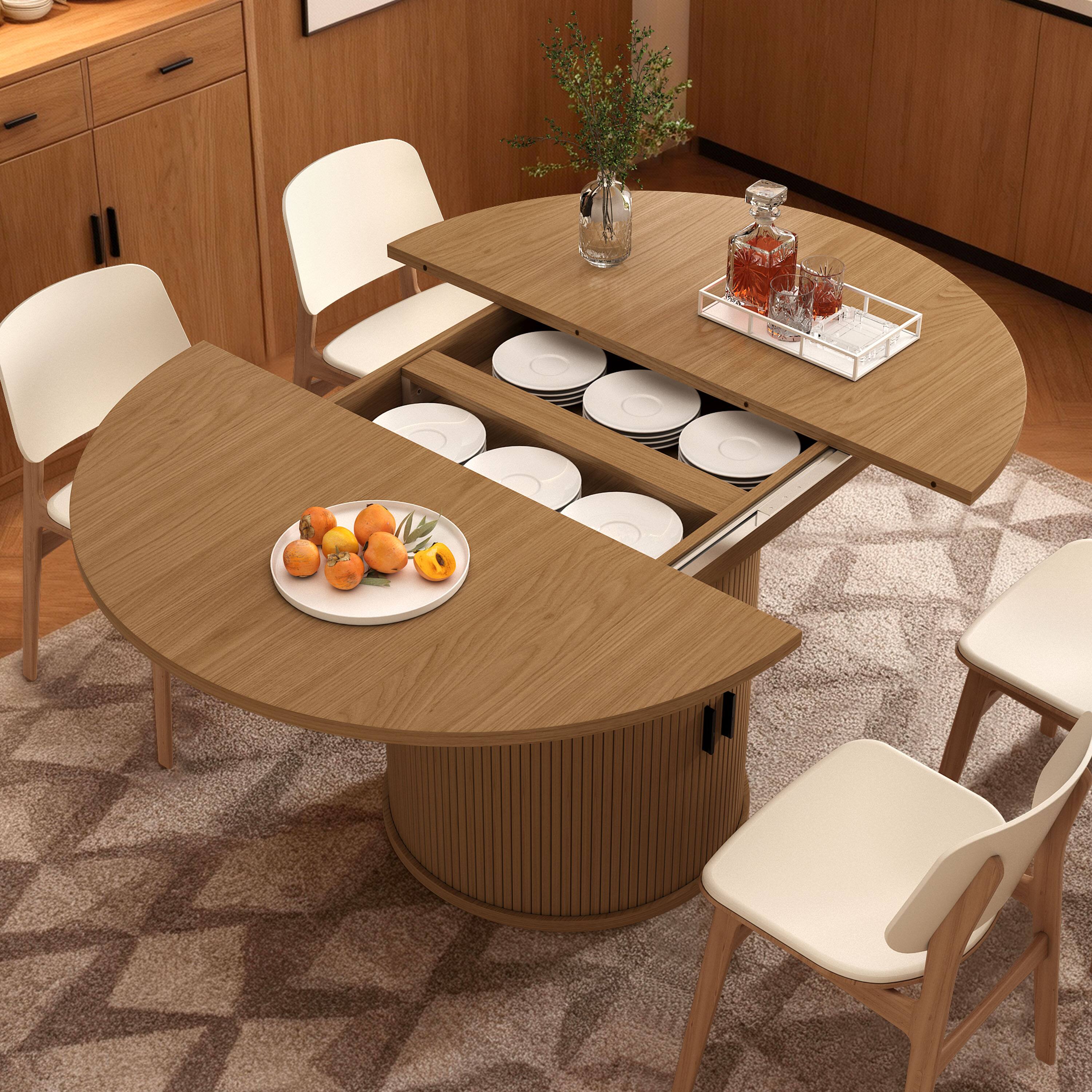 Alt View 2. Dyonery - Extendable Round Dining Table, 43-59 Inch Dining Room Kitchen Table with 2-Tier Storage Shelf With base，wood tabletop - Walnut.