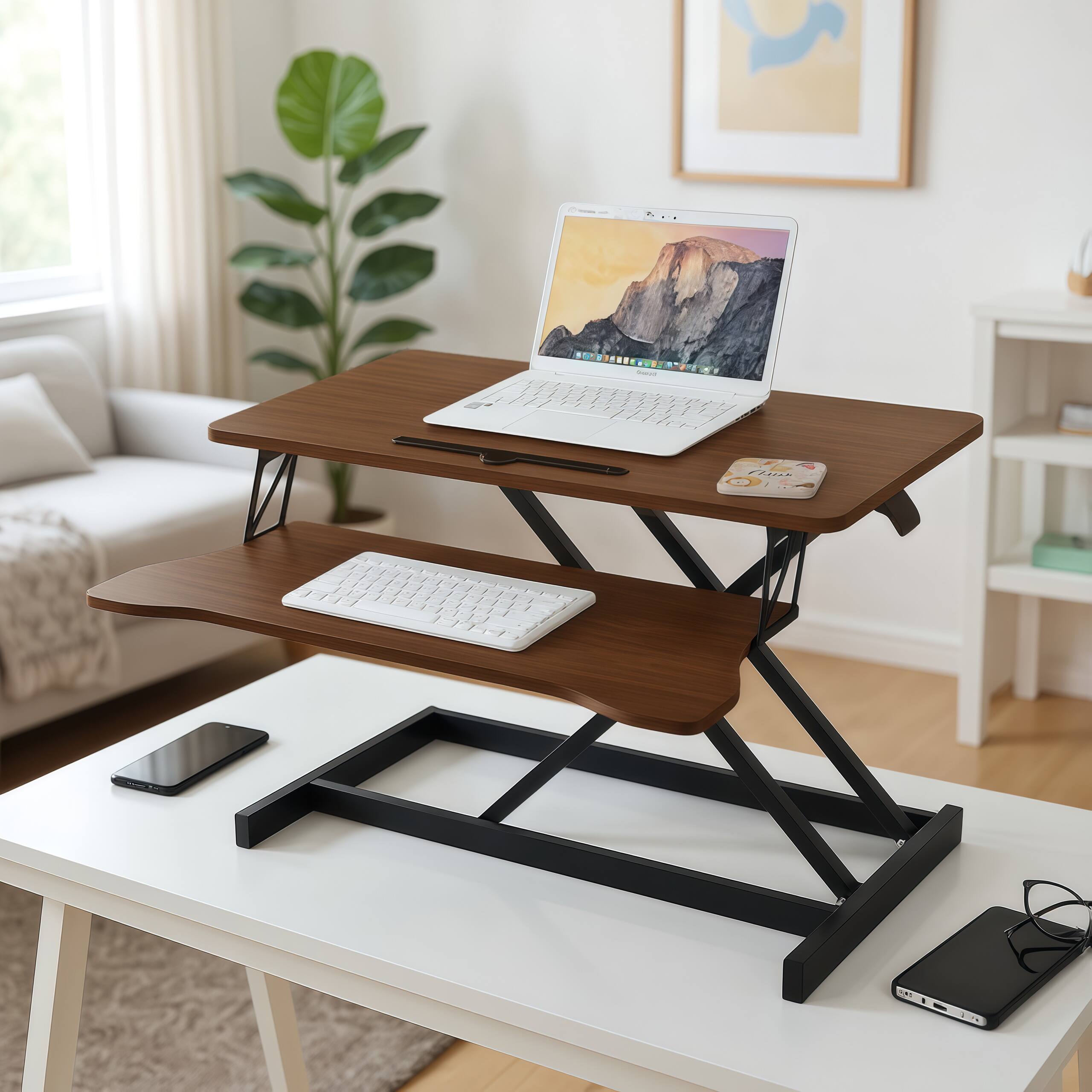 Front. Aukfa - 32" Height Adjustable Desk Converter - Dual Monitor & Laptop Stand, Wide Keyboard Tray. - Walnut.
