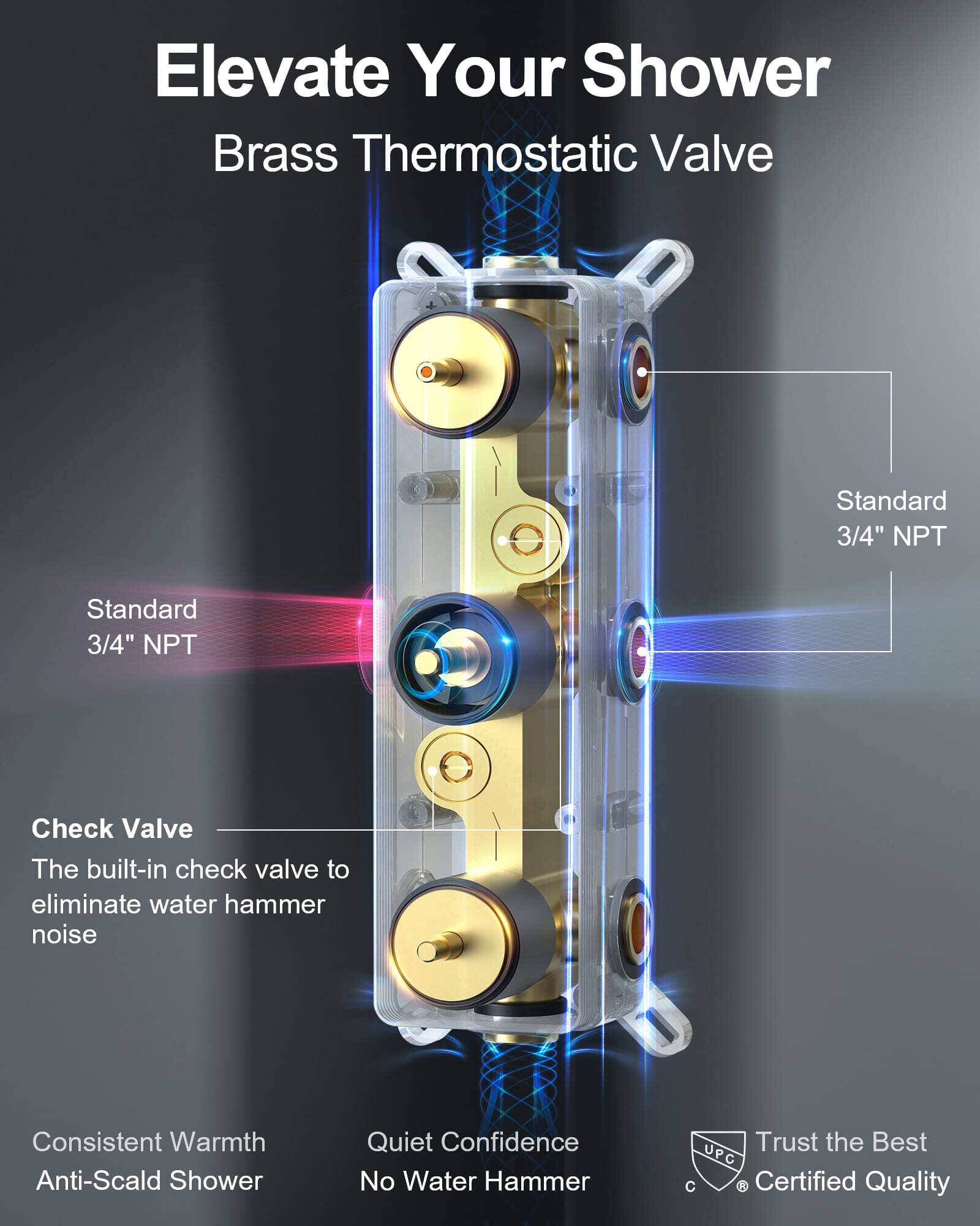 Elevate Your Shower  
Brass Thermostatic Valve  

Standard 3/4" NPT  
Standard 3/4" NPT  

Check Valve  
The built-in check valve to eliminate water hammer noise  

Consistent Warmth  
Anti-Scald Shower  

Quiet Confidence  
No Water Hammer  

Trust the Best  
UPC® Certified Quality