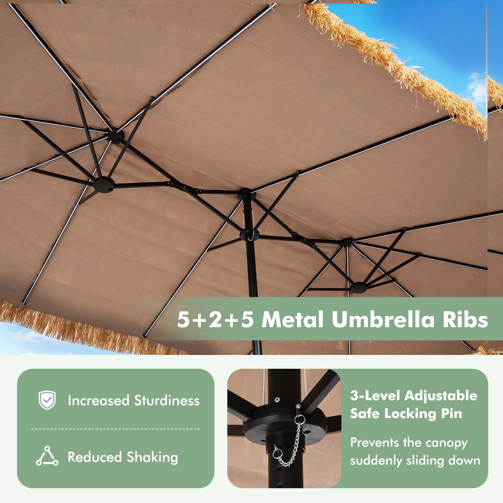 5+2+5 Metal Umbrella Ribs

Increased Sturdiness
Reduced Shaking

3-Level Adjustable Safe Locking Pin
Prevents the canopy suddenly sliding down