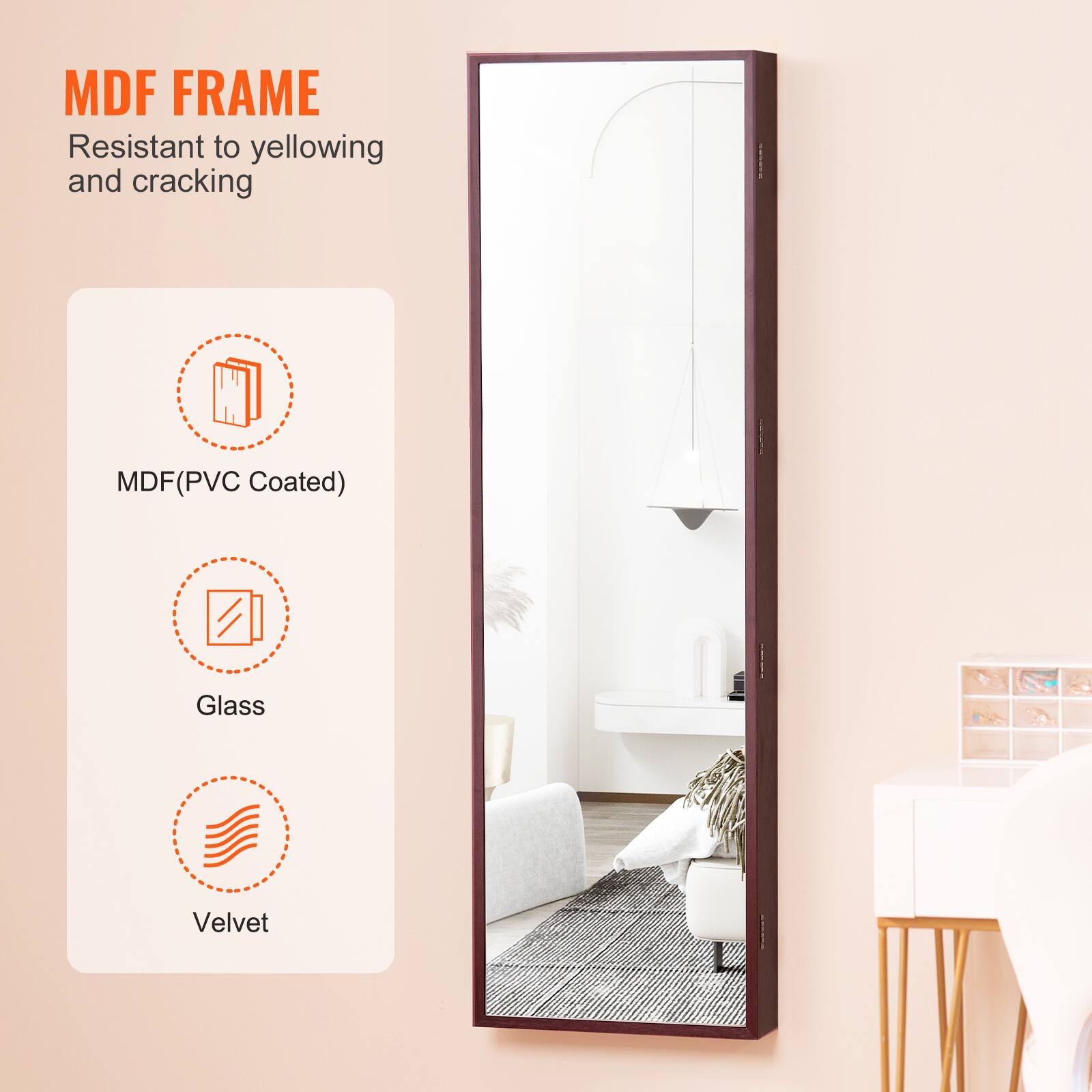MDF FRAME  
Resistant to yellowing and cracking  

MDF(PVC Coated)  
Glass  
Velvet