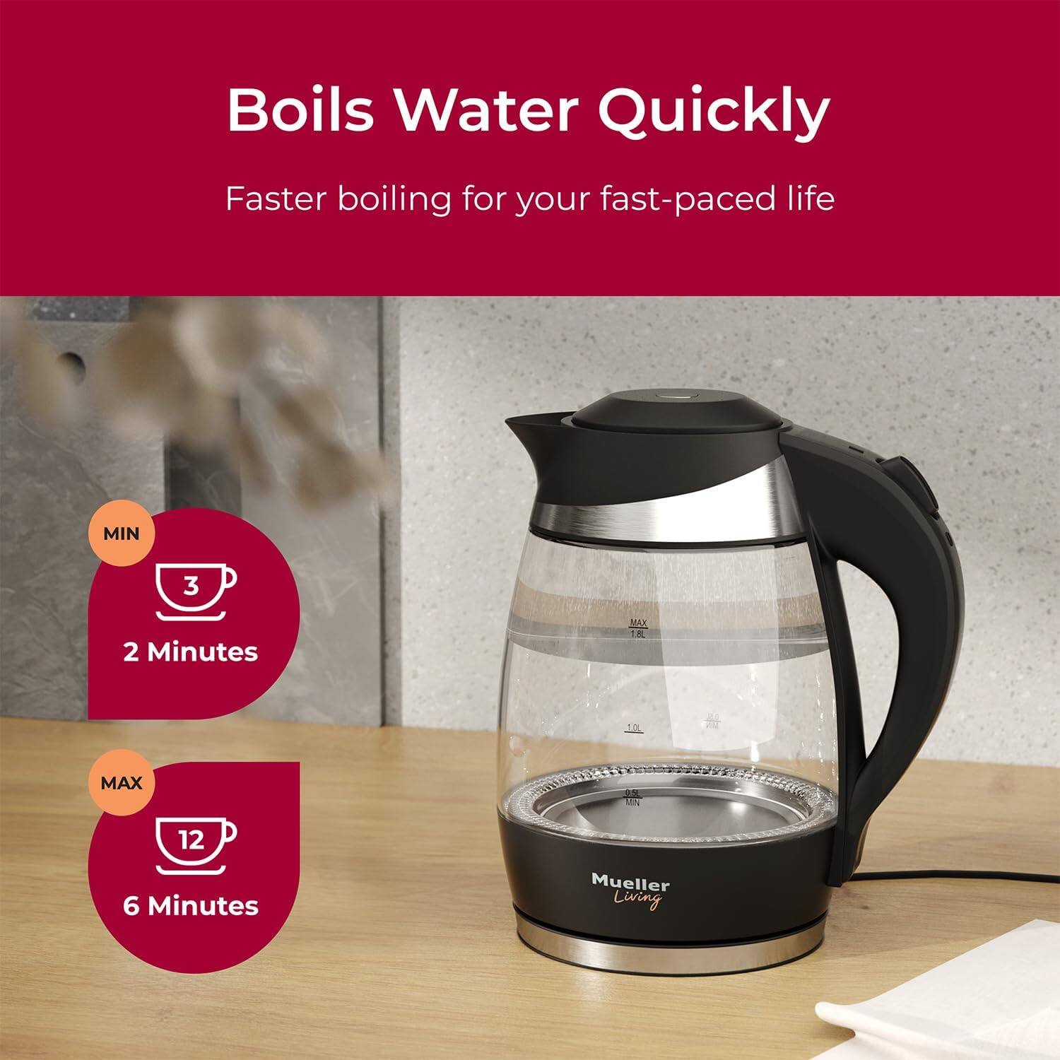Boils Water Quickly
Faster boiling for your fast-paced life
MIN 3 2 Minutes
MAX -O dia 12 6 Minutes
Mueller Living