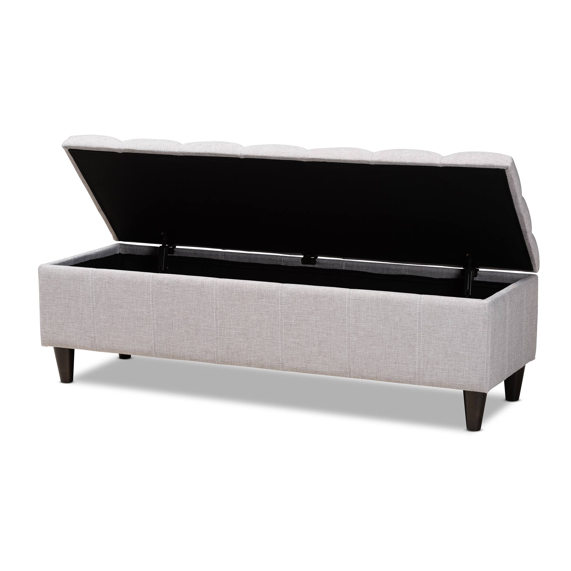 Angle. Baxton Studio - Brette Mid-Century Modern Fabric Upholstered Finished Wood Storage Bench Ottoman - Grayish Beige.
