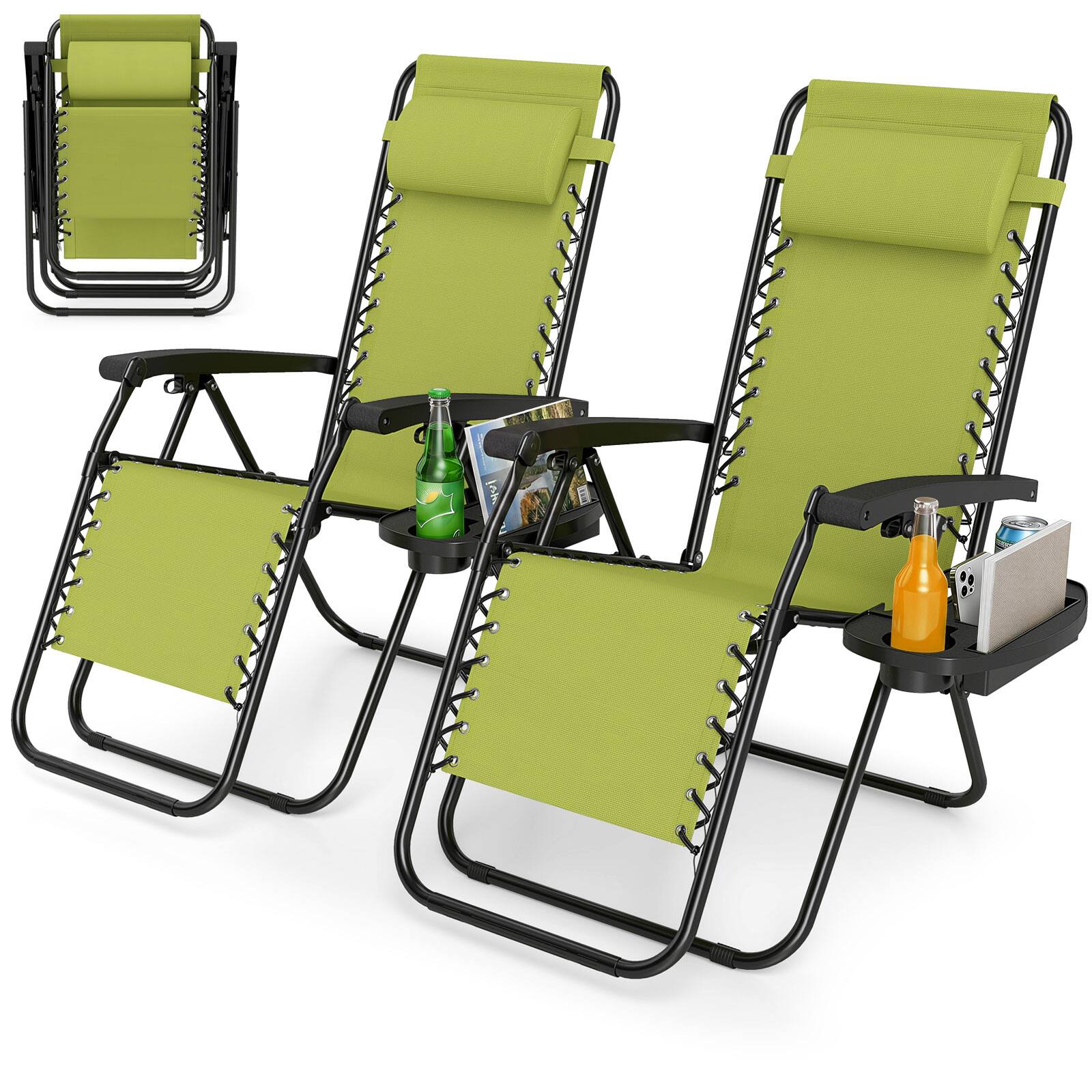 Front. Costway - Costway 2 PCS Zero Gravity Chair, Portable Patio Recliner with Adjustable Backrest & Pillow - Green.