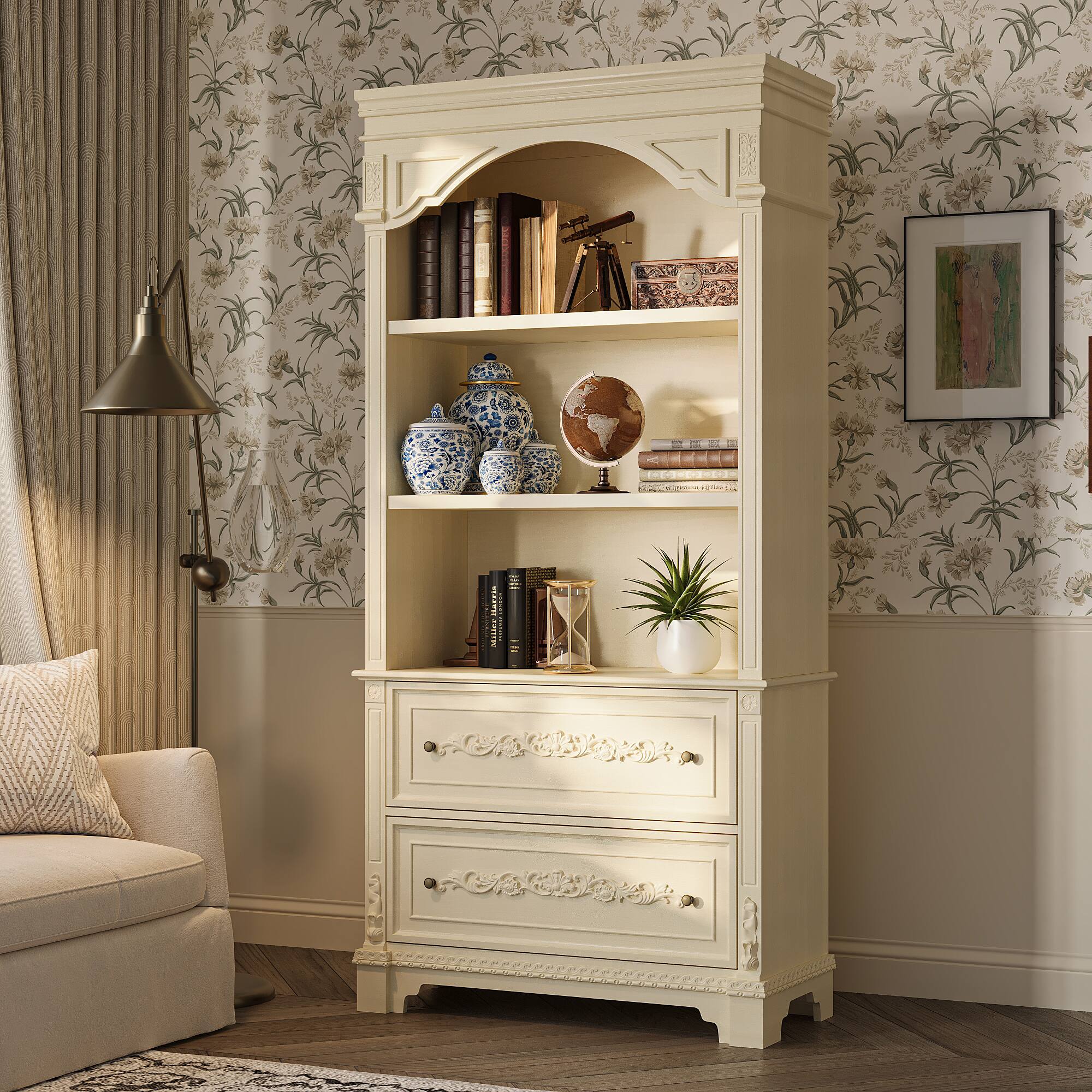 Alt View 10. Famapy - French Cream Carved Accent Cabinet, Decorative Storage Cabinet with Open Shelves and Drawers - Off-White.