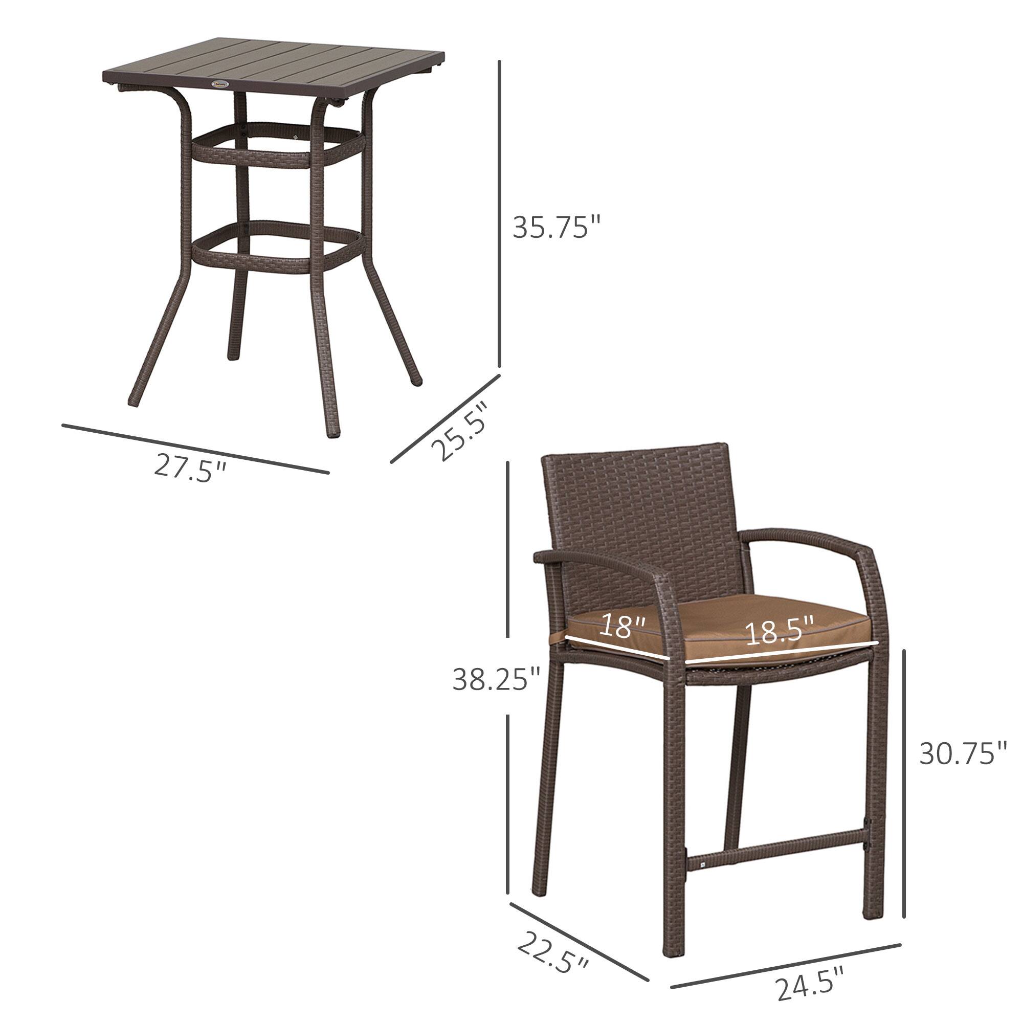 - Table:
  - Height: 35.75"
  - Top Diameter: 27.5"
  - Bottom Diameter: 25.5"

- Chair:
  - Height: 38.25"
  - Seat Height: 18"
  - Seat Depth: 18.5"
  - Back Height: 30.75"
  - Width: 22.5"
  - Depth: 24.5"