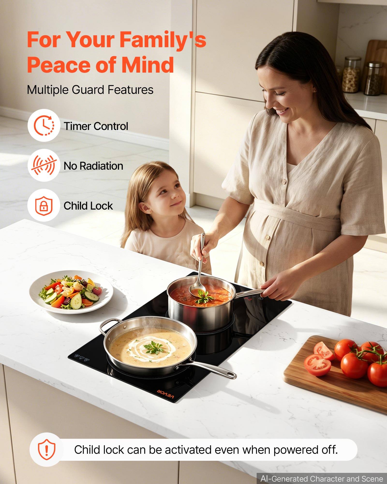 For Your Family's Peace of Mind  
Multiple Guard Features  
Timer Control  
No Radiation  
Child Lock  

Child lock can be activated even when powered off.  

AI-Generated Character and Scene