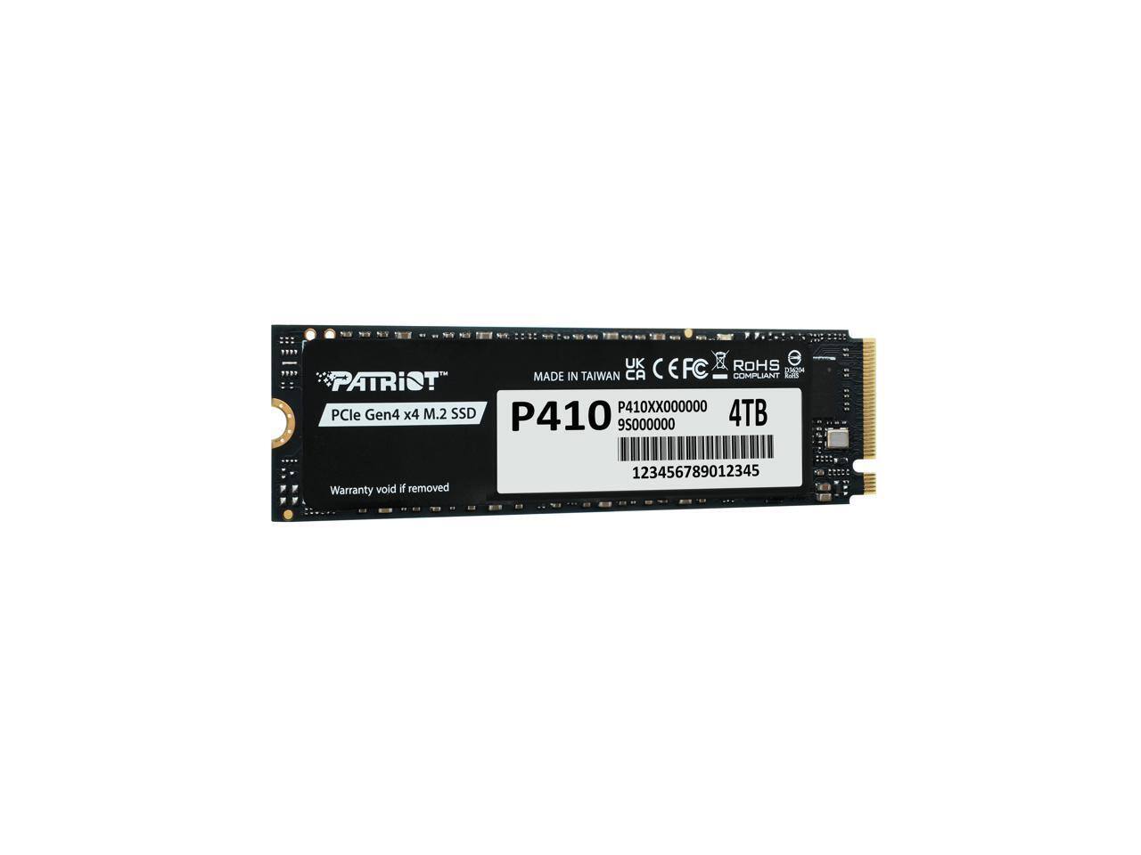 UK CE FCC ROHS COMPLIANT MADE IN TAIWAN PATRIOT SSD P410XX000000 4TB PCIe Gen4 x4 M.2 P410 95000000 Warranty void if removed 123456789012345