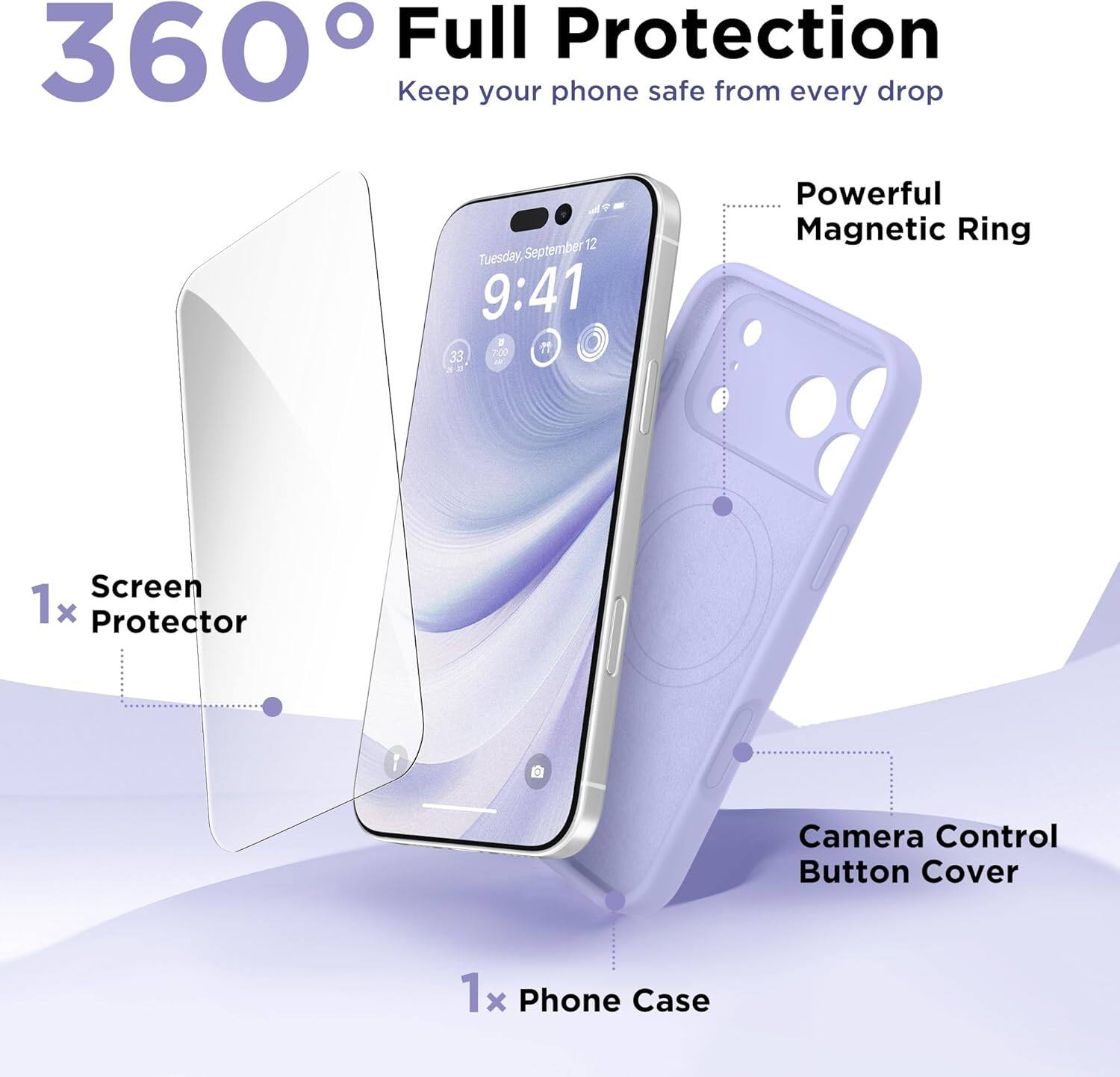 360° Full Protection  
Keep your phone safe from every drop  

Powerful Magnetic Ring  
Screen Protector 1x  
Camera Control Button Cover 1x  
Phone Case 1x
