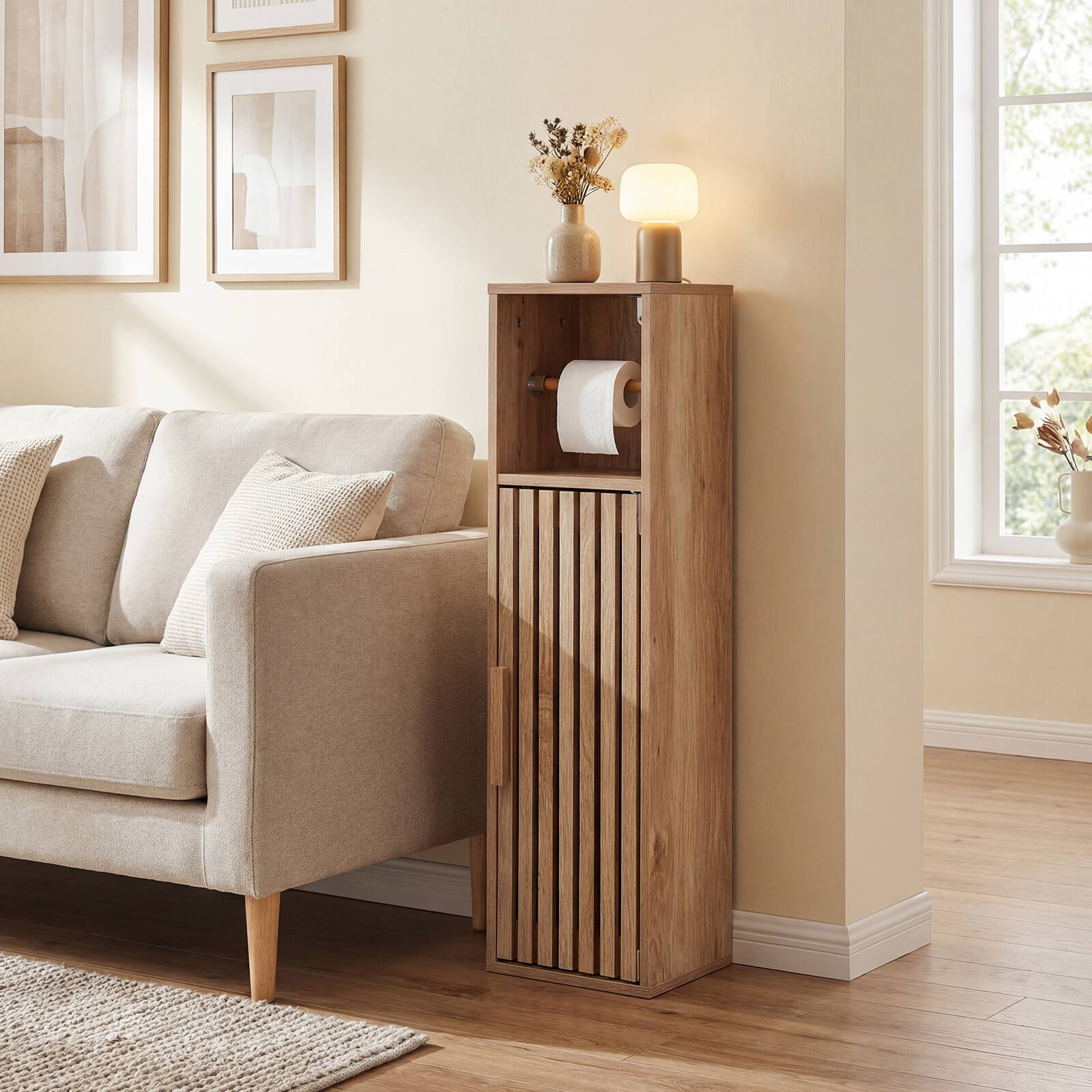 Alt View 4. Costway - Costway Slim Bathroom Cabinets, Freestanding Toilet Paper Holder Stand with Door - Natural.